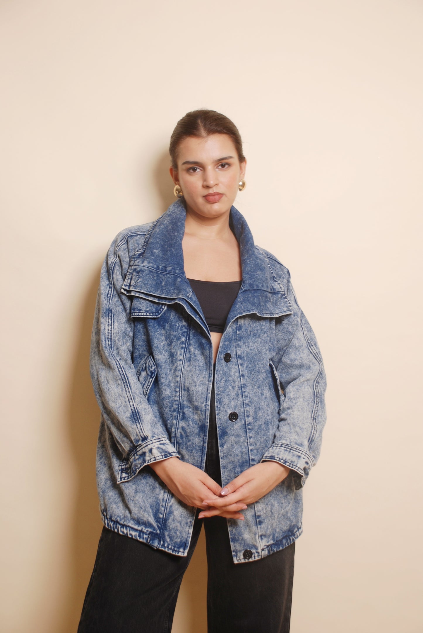 Blue acid wash long jacket