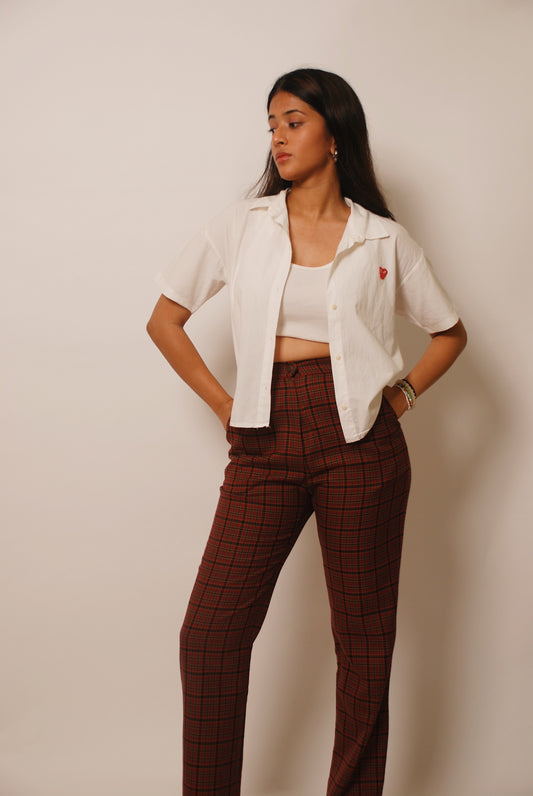 White cropped cotton shirt with patchwork detailing