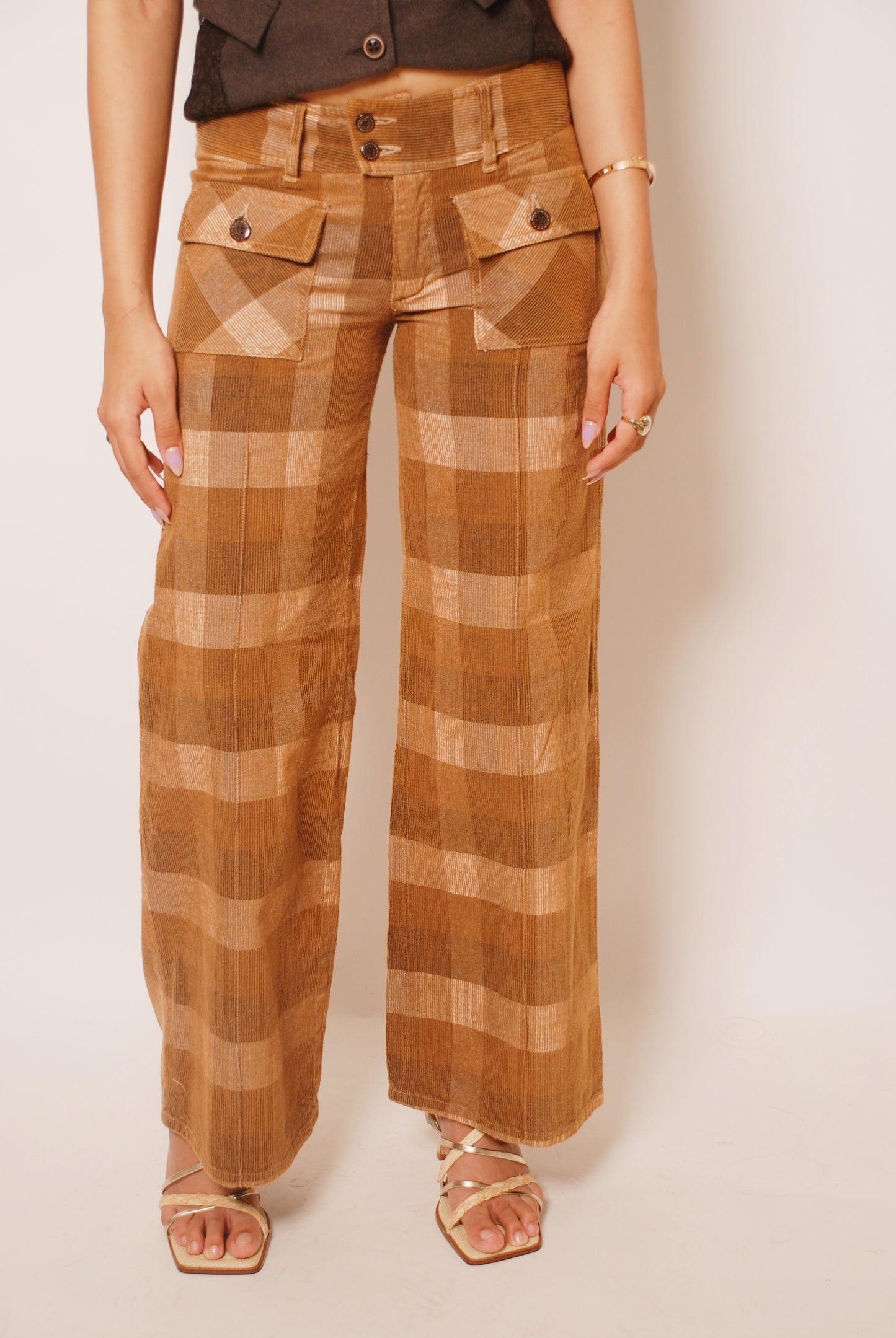 Brown checkered corduroy flared pants