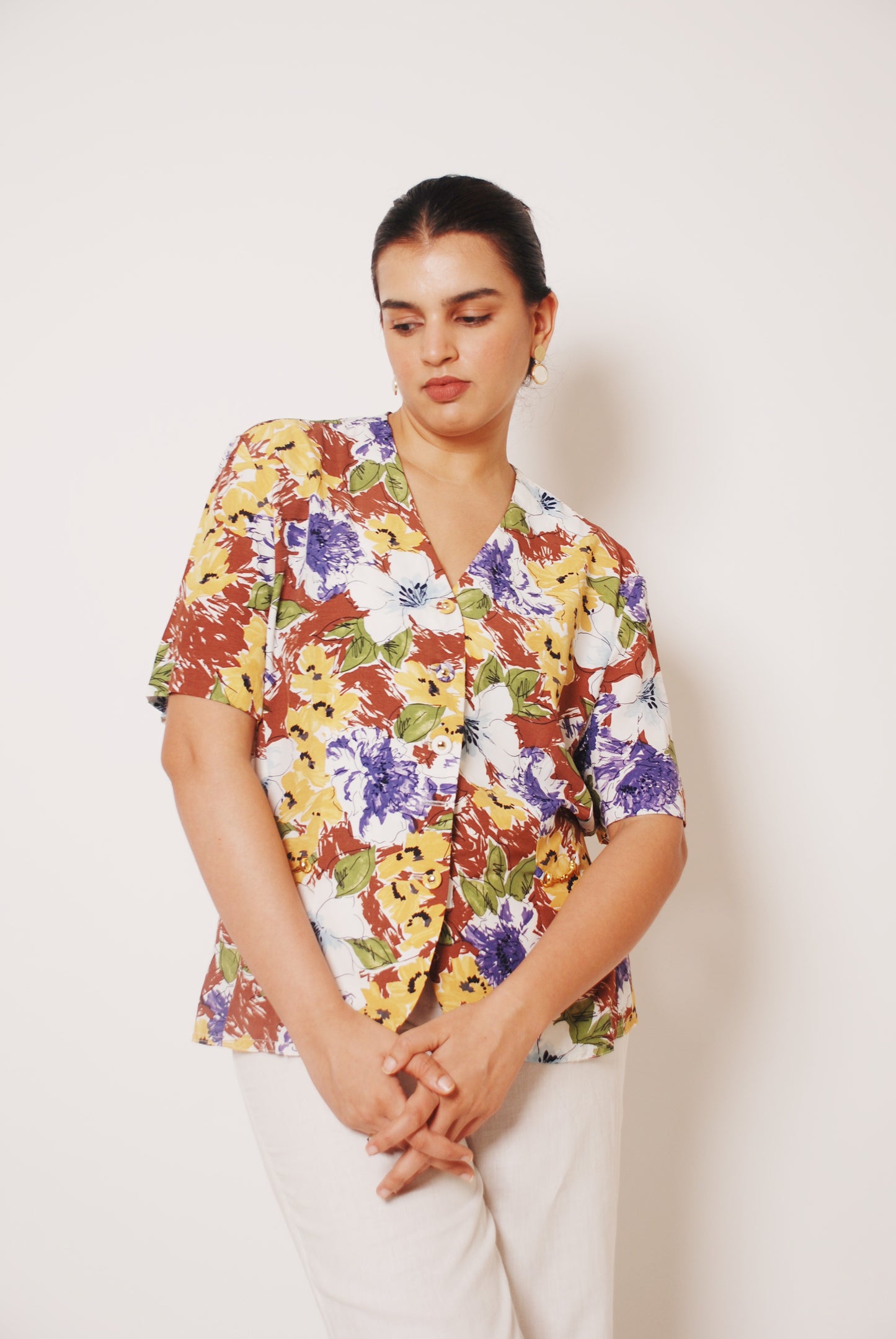 Multicolour floral blouse with gold ornamentation