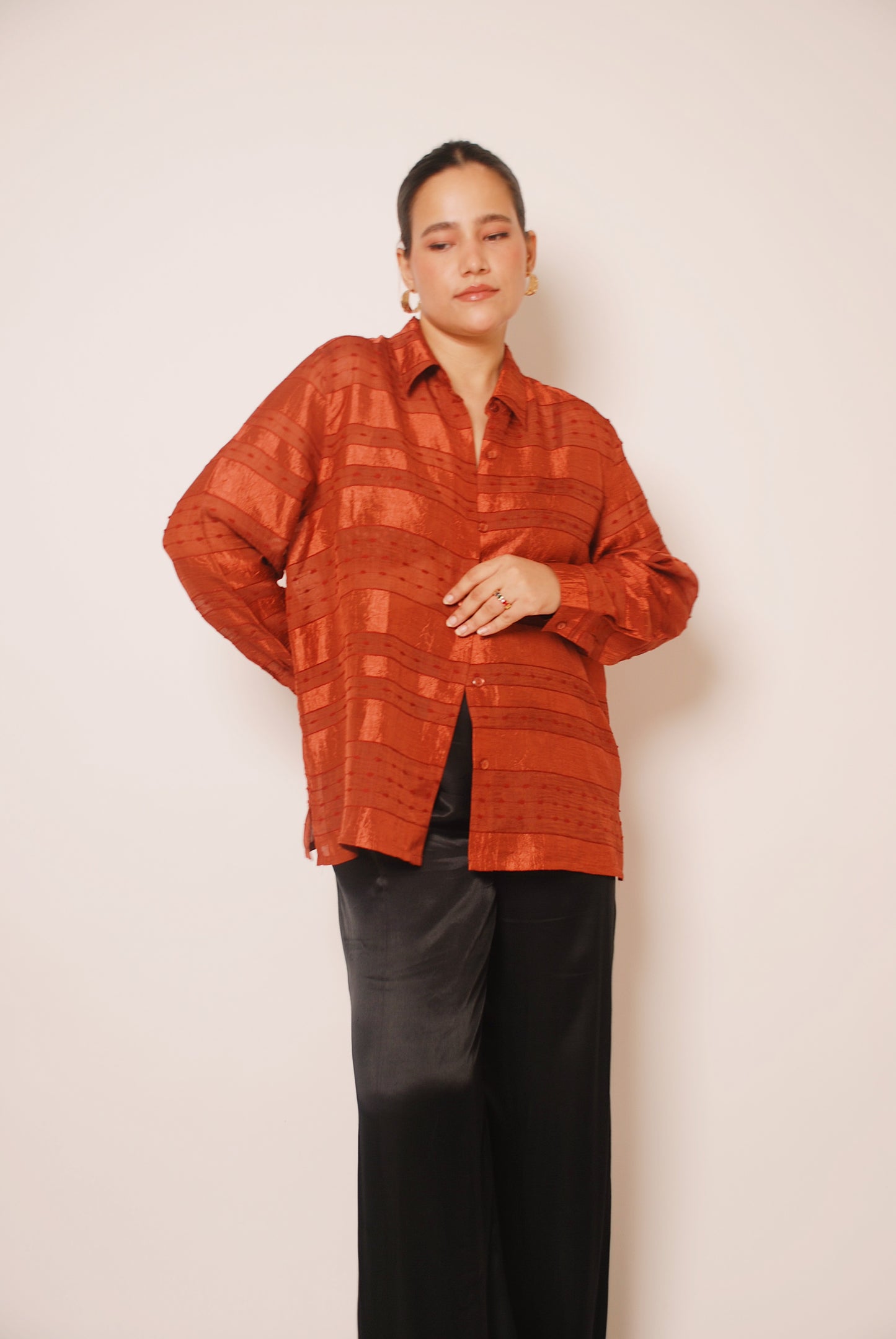 Rust textured button-up shirt