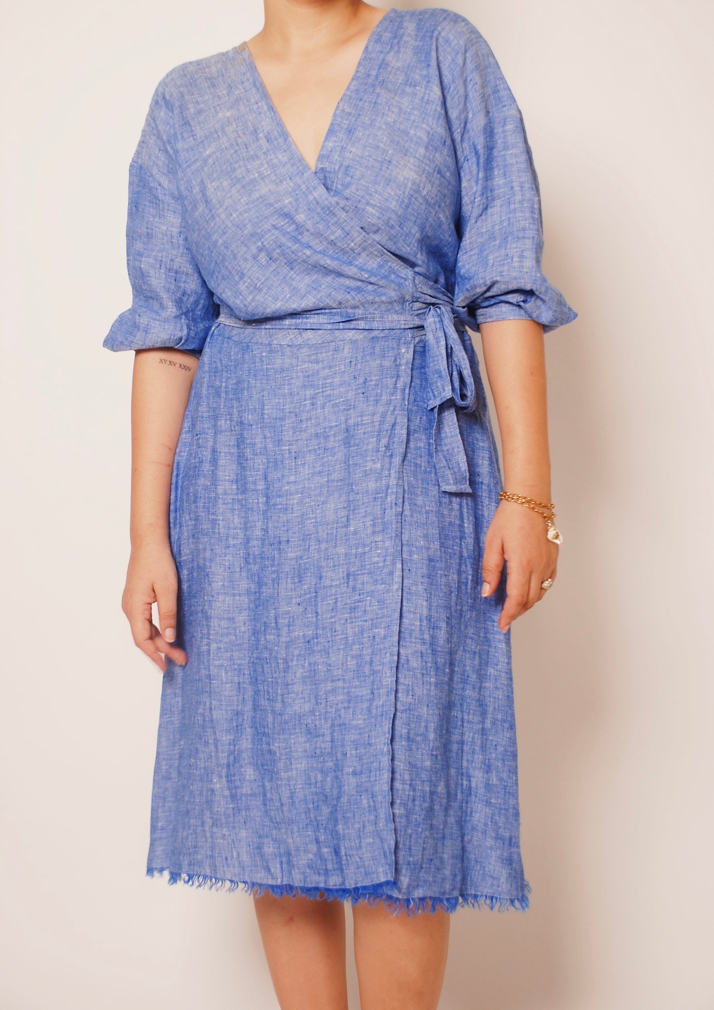 Blue cotton wrap dress with tie-ups