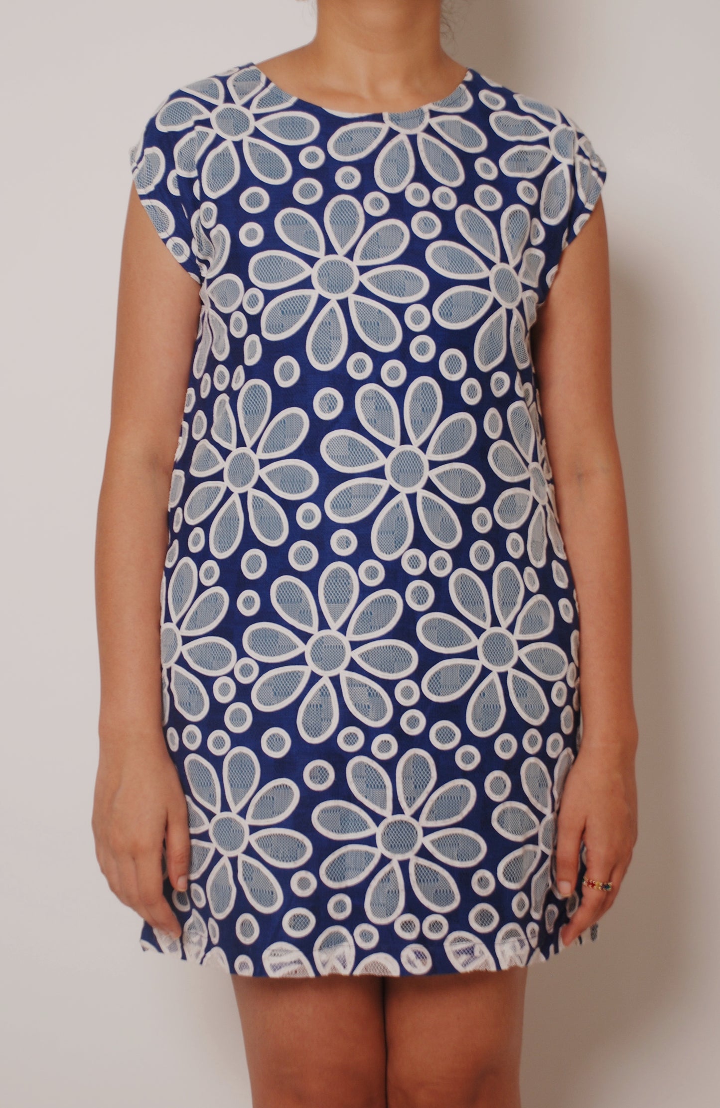 White & blue floral shift dress