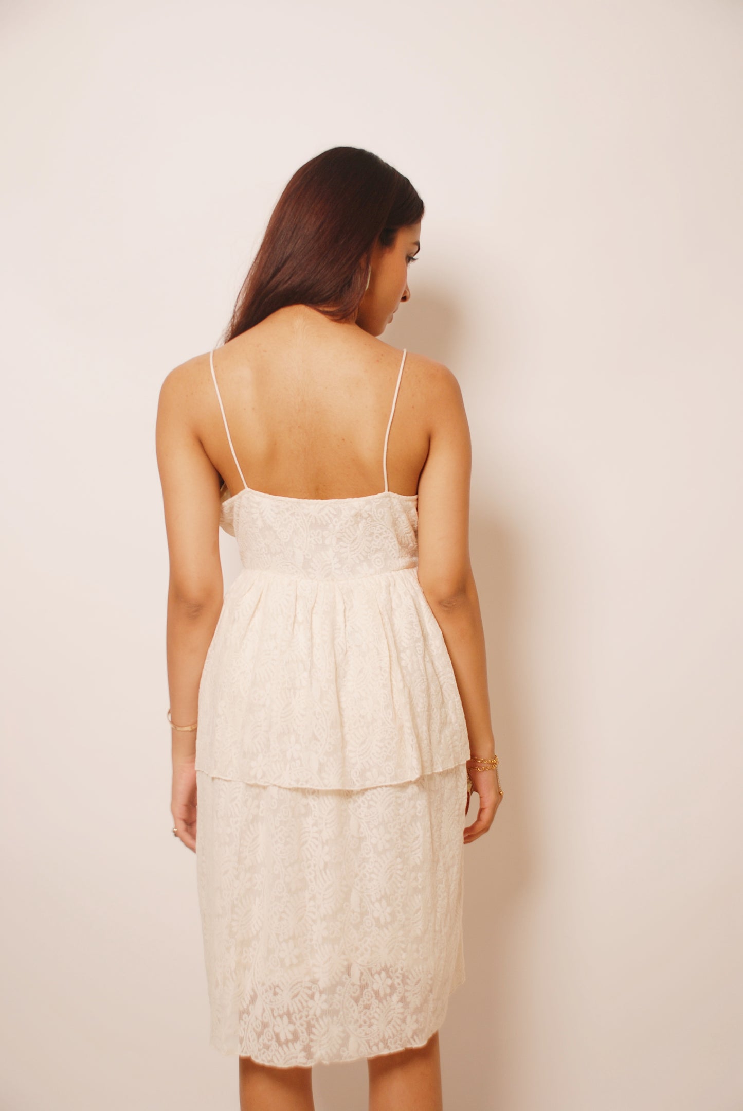 Cream tiered lace dress with spaghetti straps