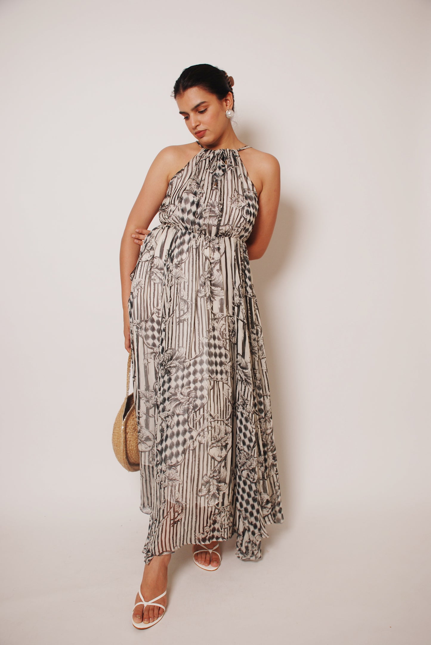 White & black printed halter maxi dress