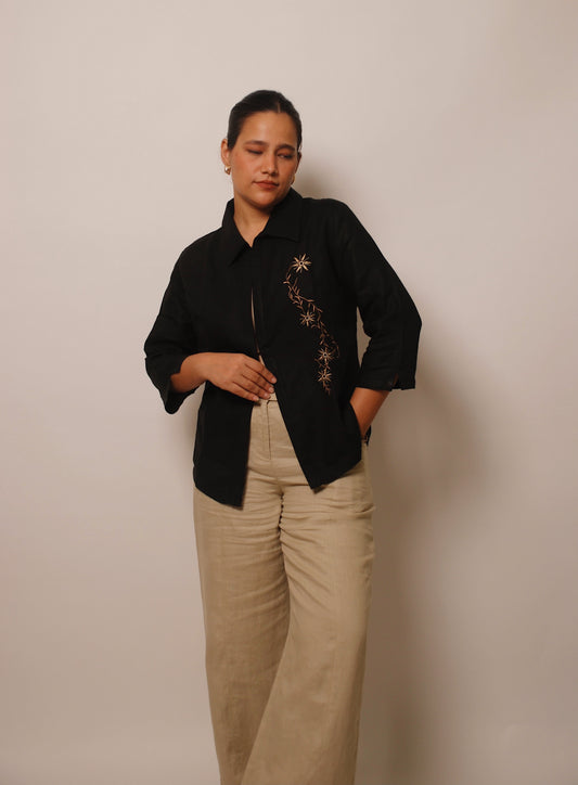 Black linen shirt with beige floral embroidery