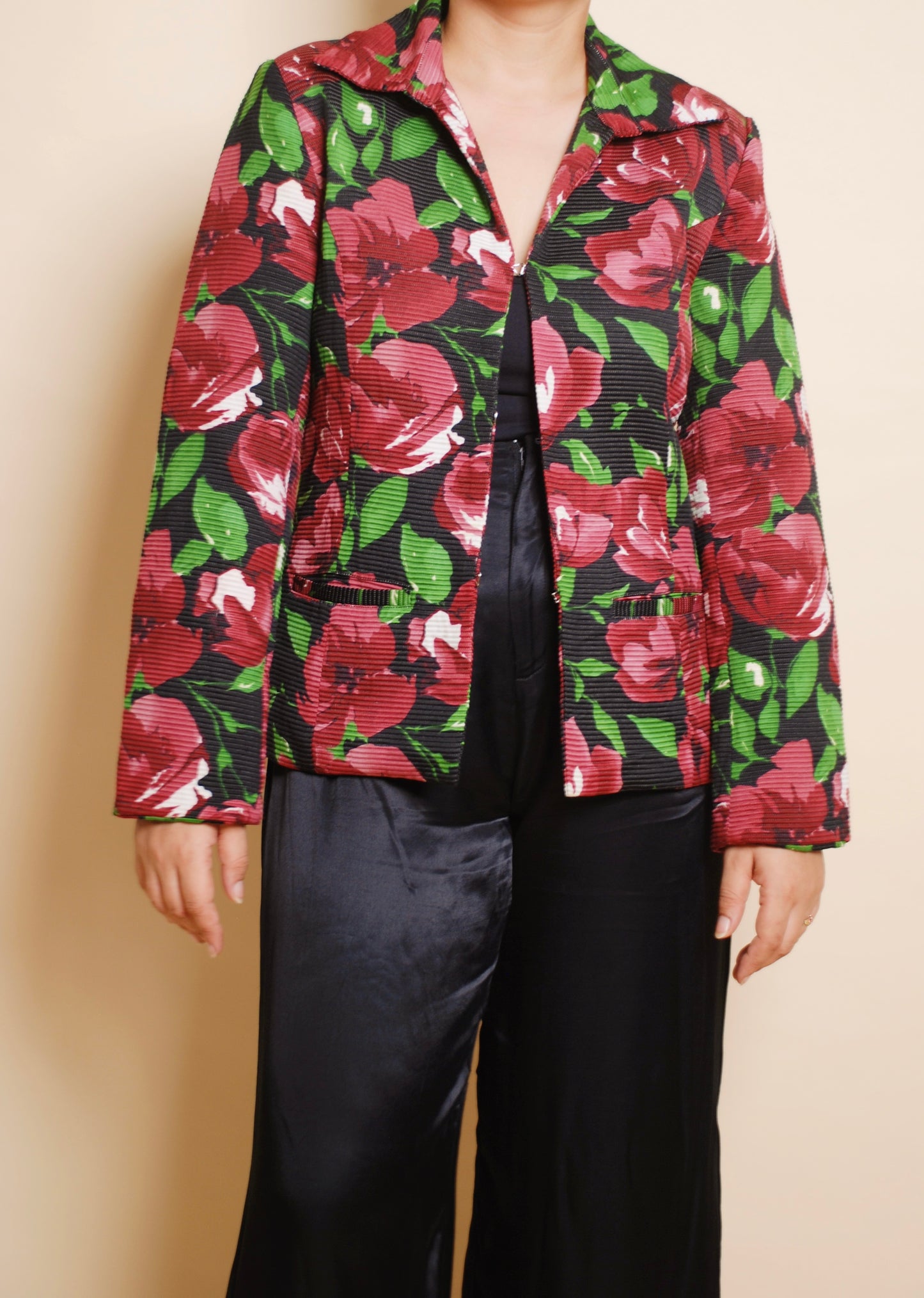 Black & maroon floral textured blazer