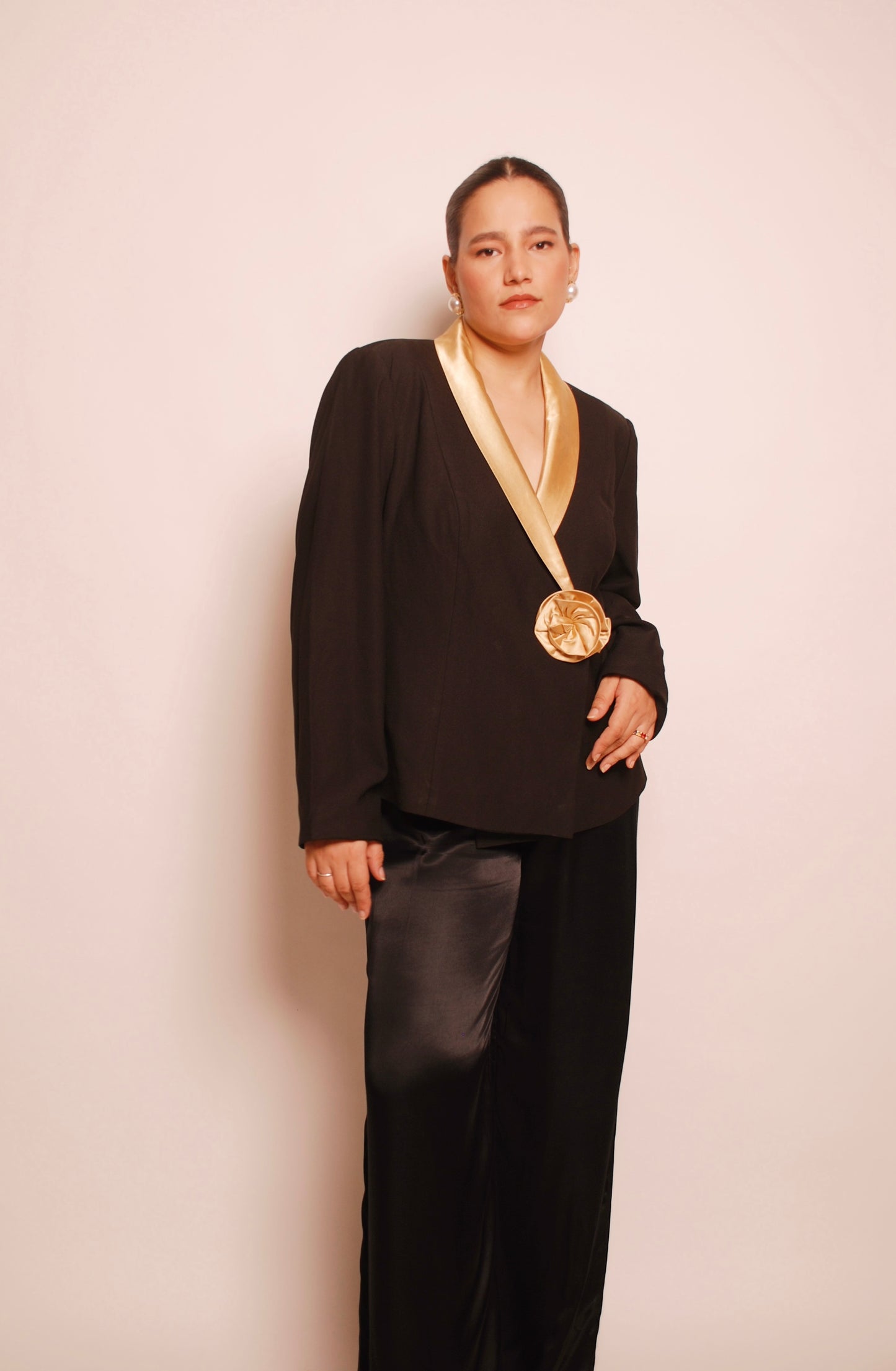 Vintage black blazer with gold satin lapel