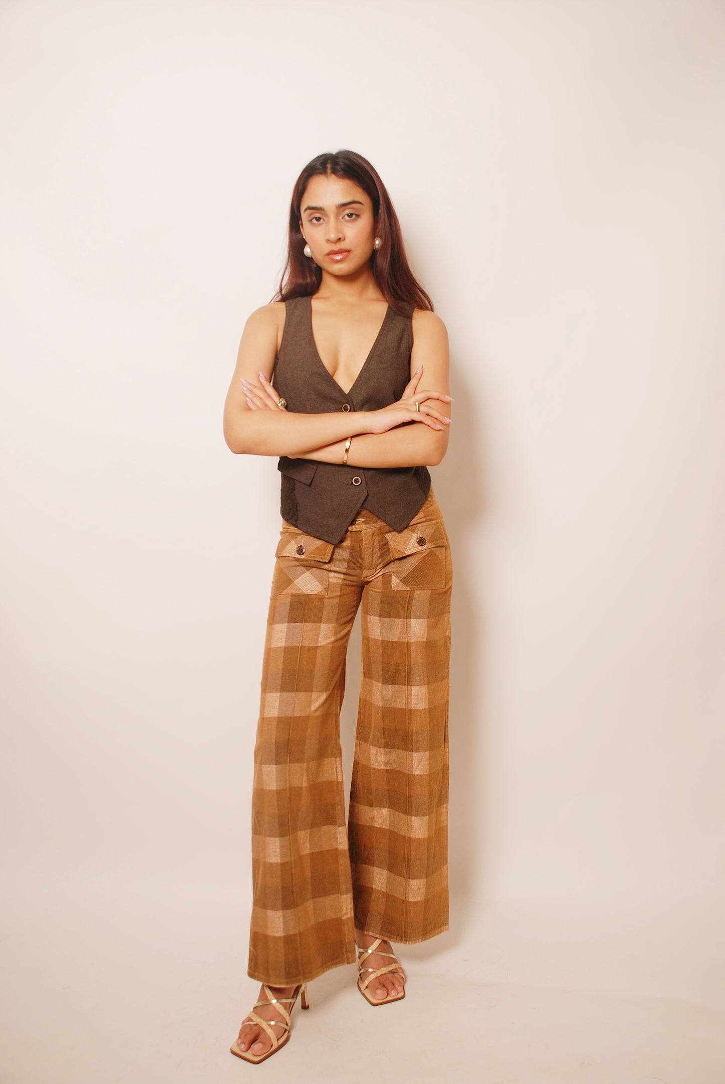 Brown checkered corduroy flared pants