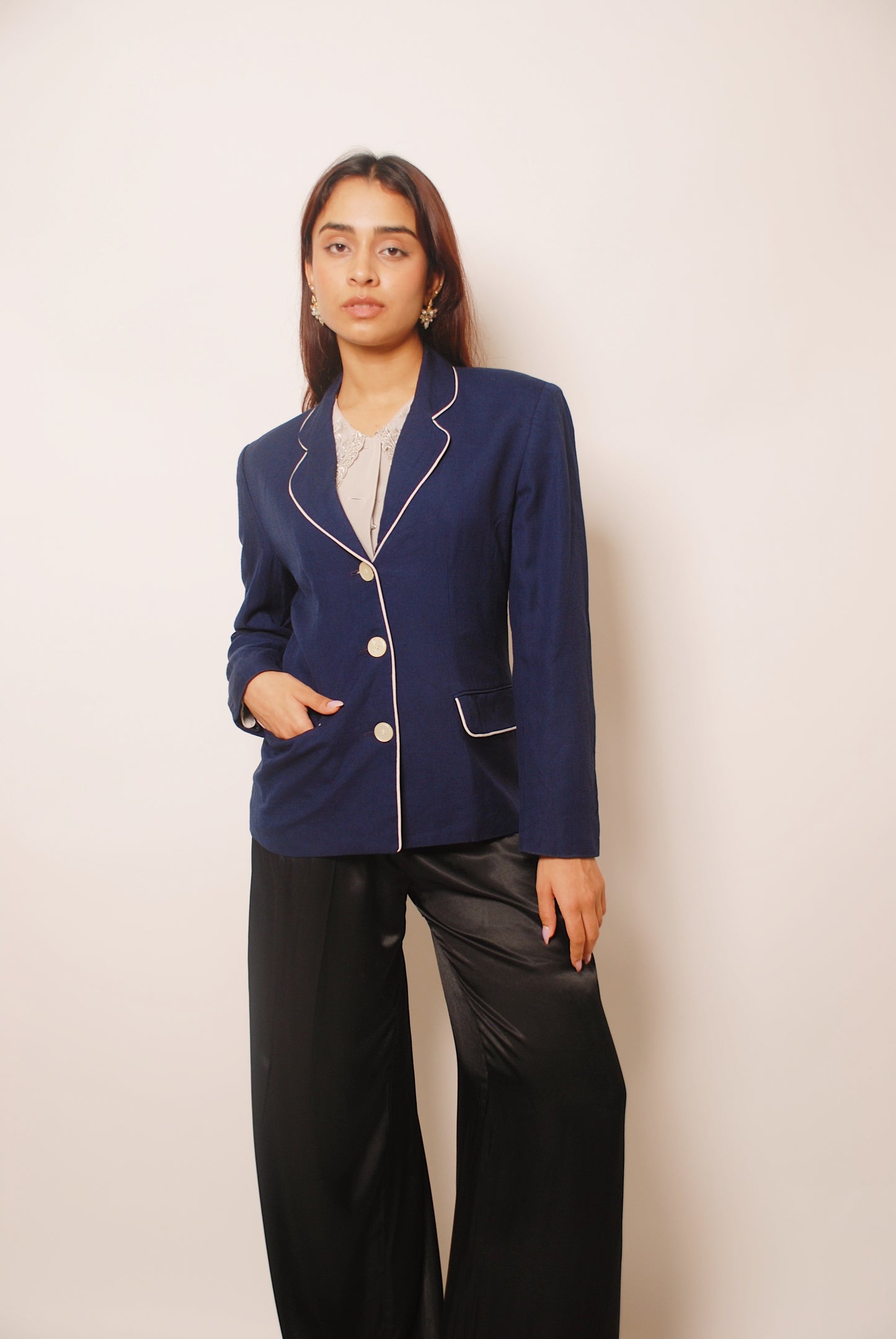 Vintage dark blue blazer with white piping