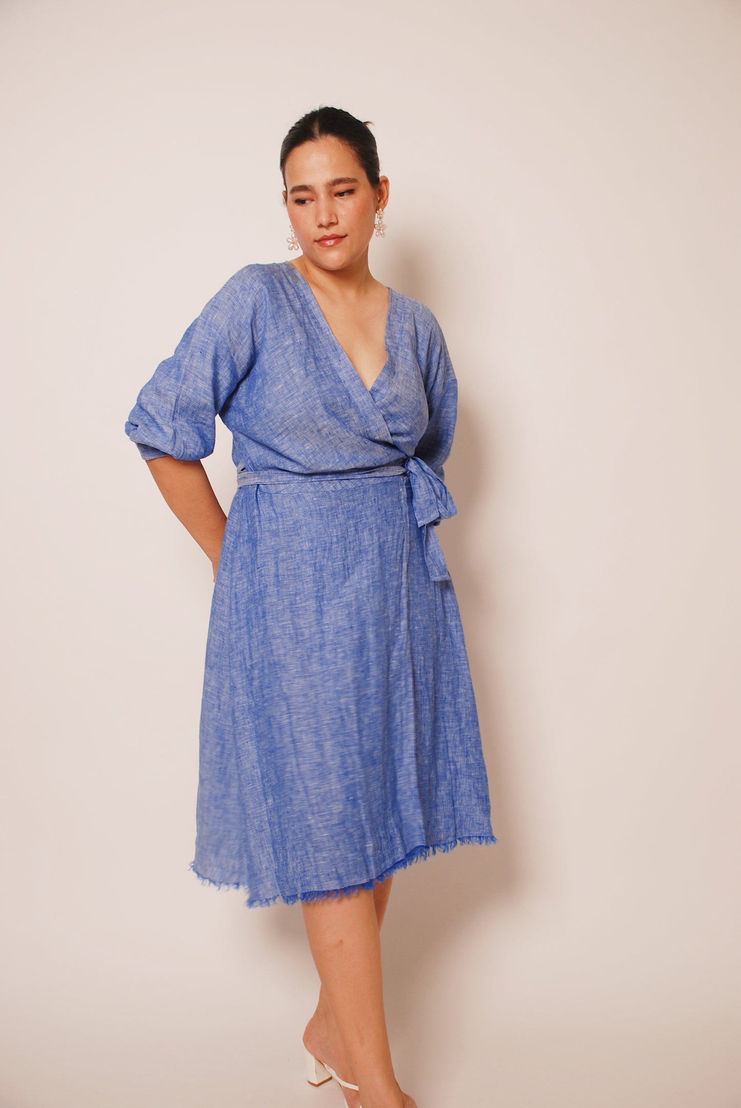 Blue cotton wrap dress with tie-ups