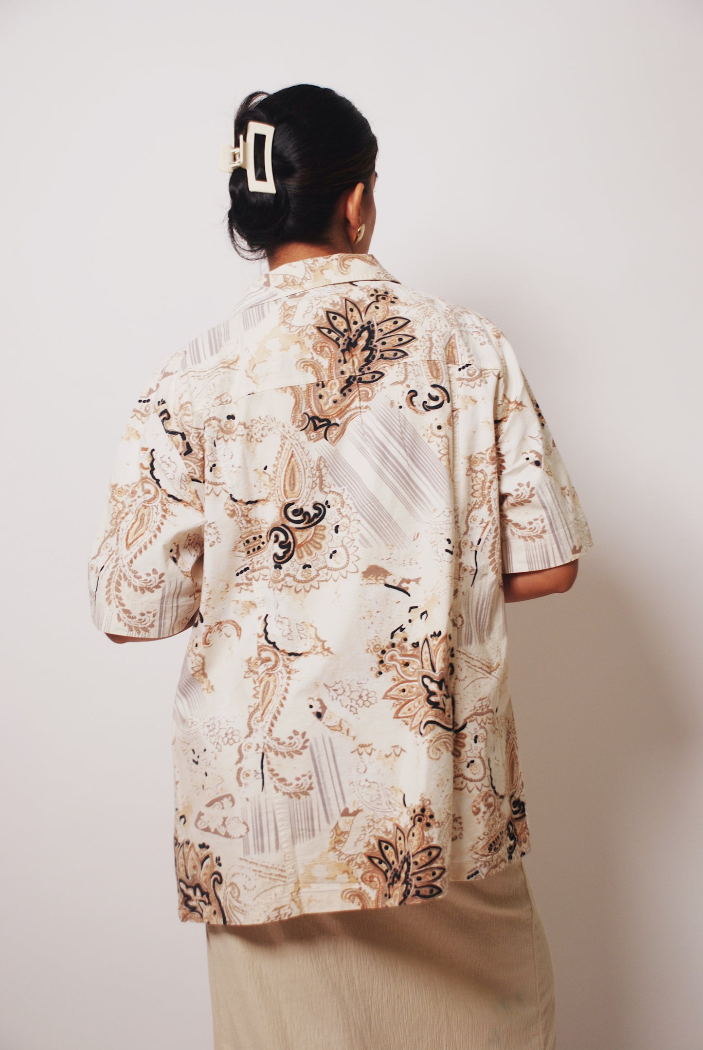 Cream and brown paisley print cotton shirt