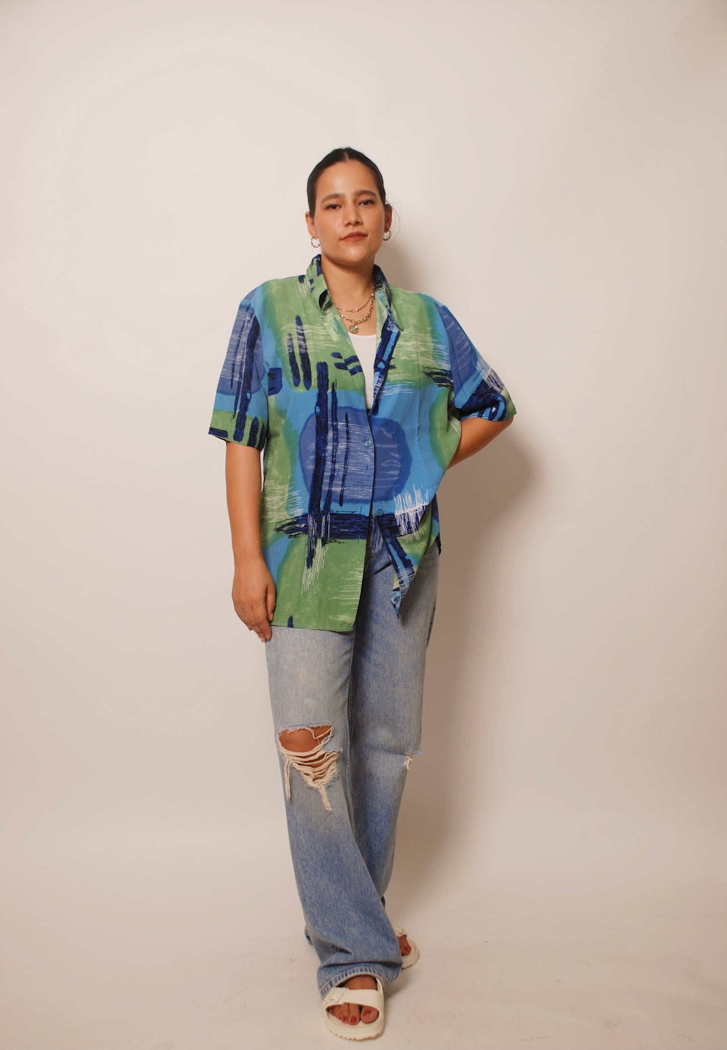 Green & blue printed short sleeve shirt