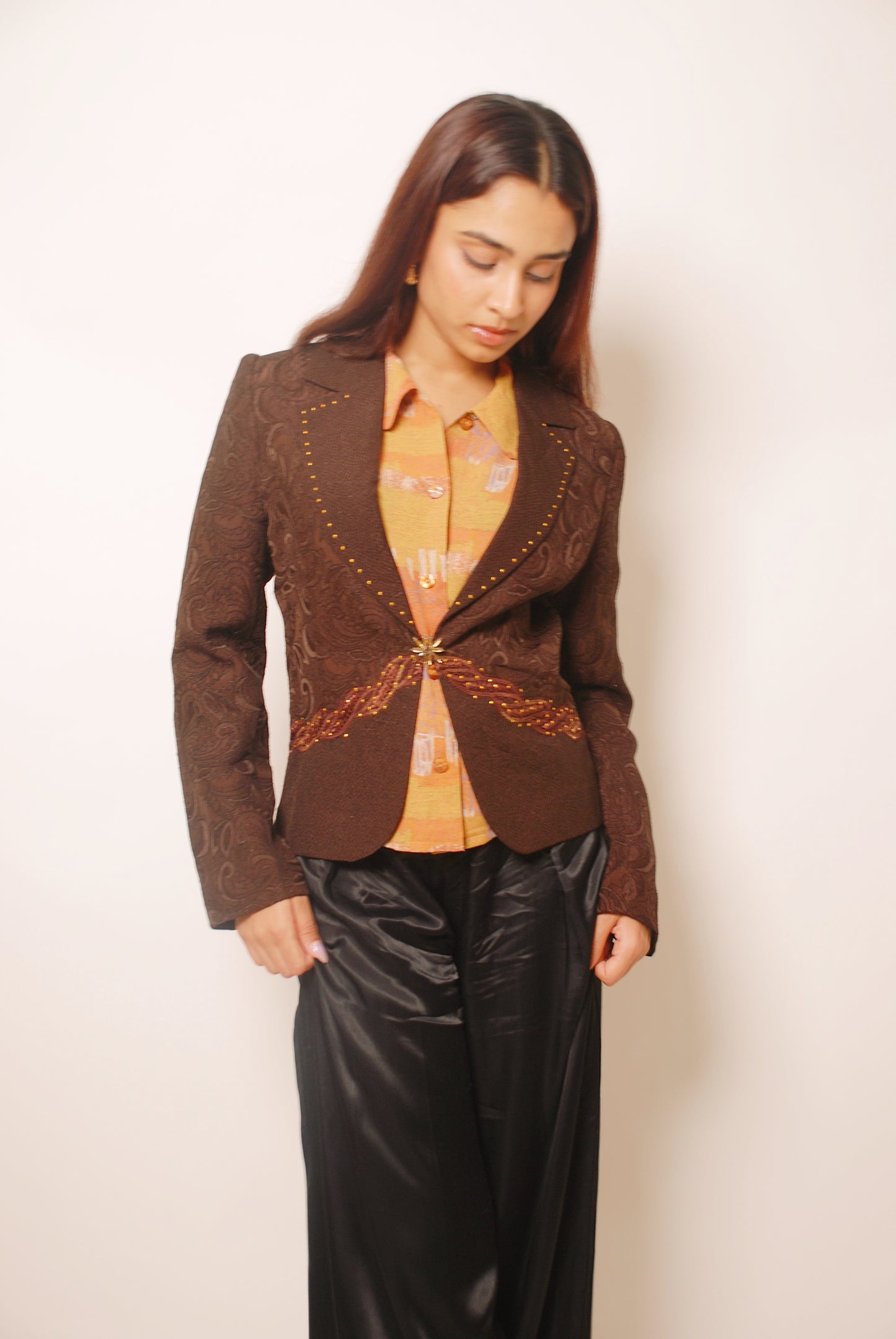 Brown embelished self work blazer