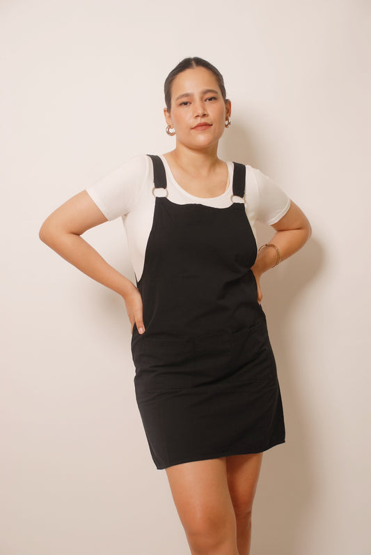 Black dungaree cotton mini dress