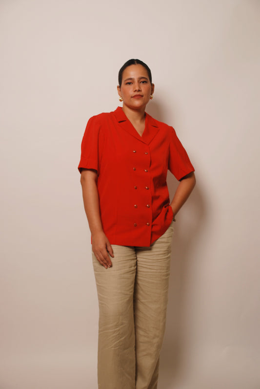 Red double breasted shirt with ornamental buttons