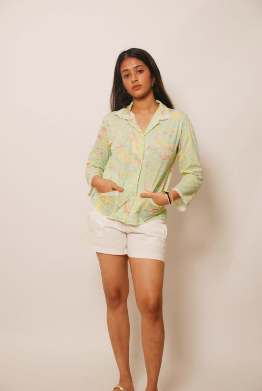 Light green & yellow floral print shirt with lace detailing