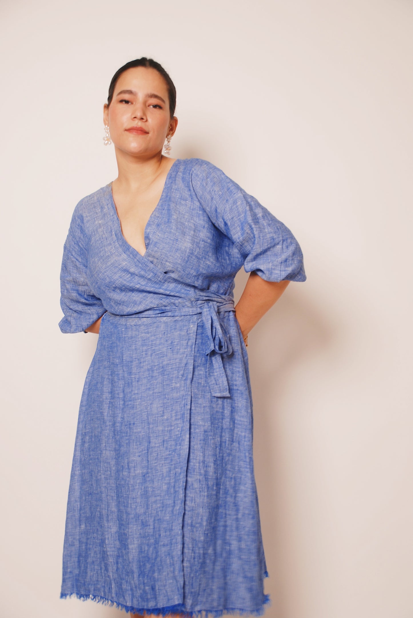 Blue cotton wrap dress with tie-ups