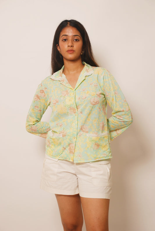 Light green & yellow floral print shirt with lace detailing