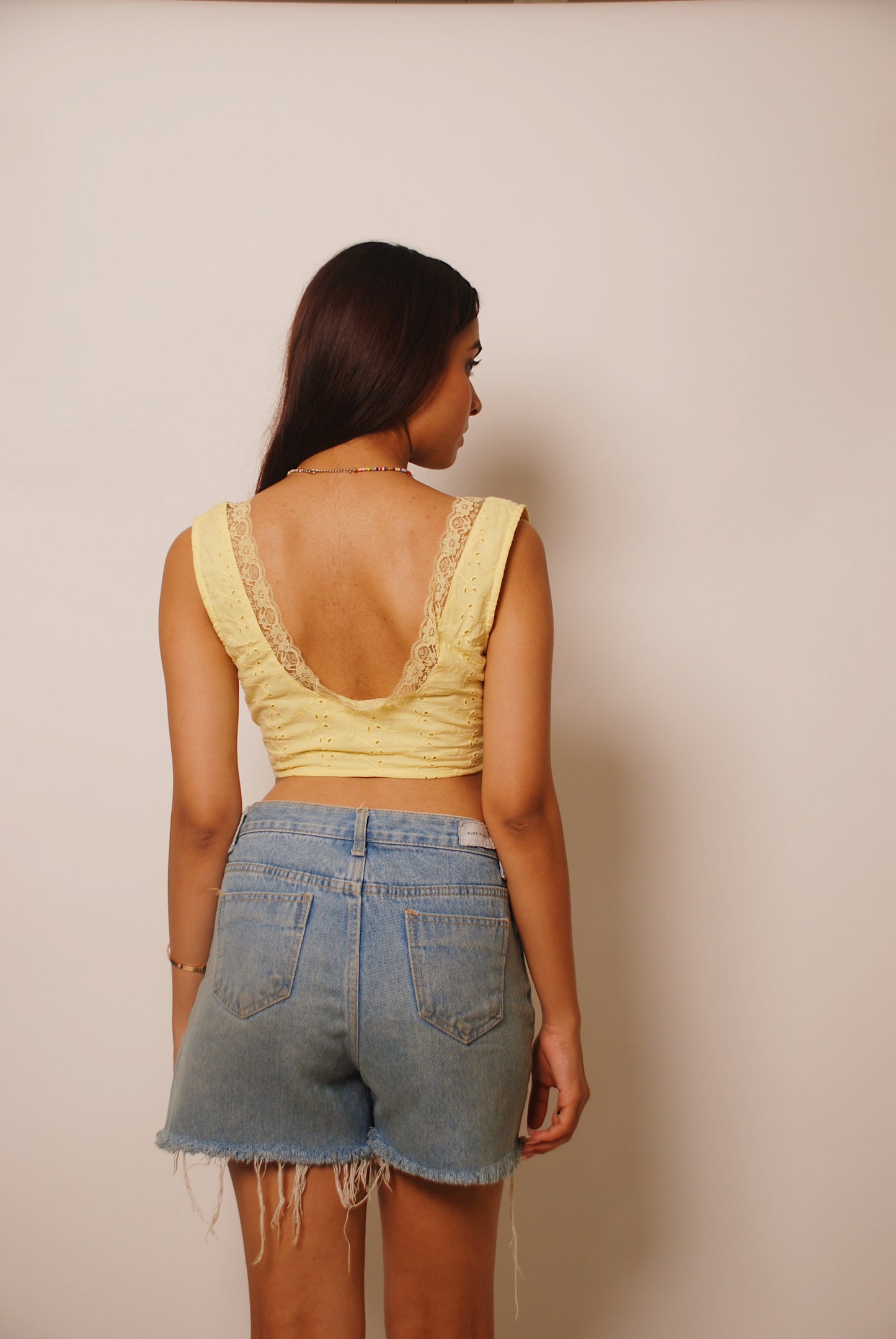 Lime yellow cotton top with lace detailing