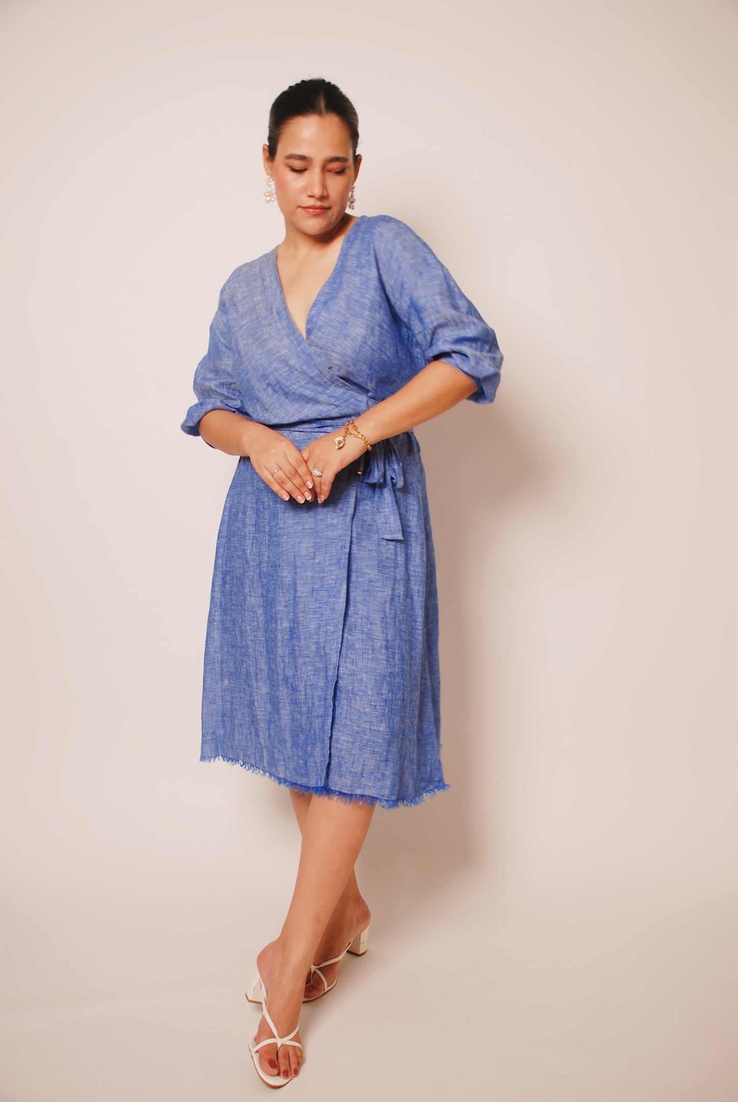 Blue cotton wrap dress with tie-ups