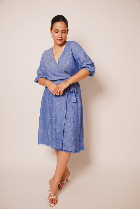 Blue cotton wrap dress with tie-ups