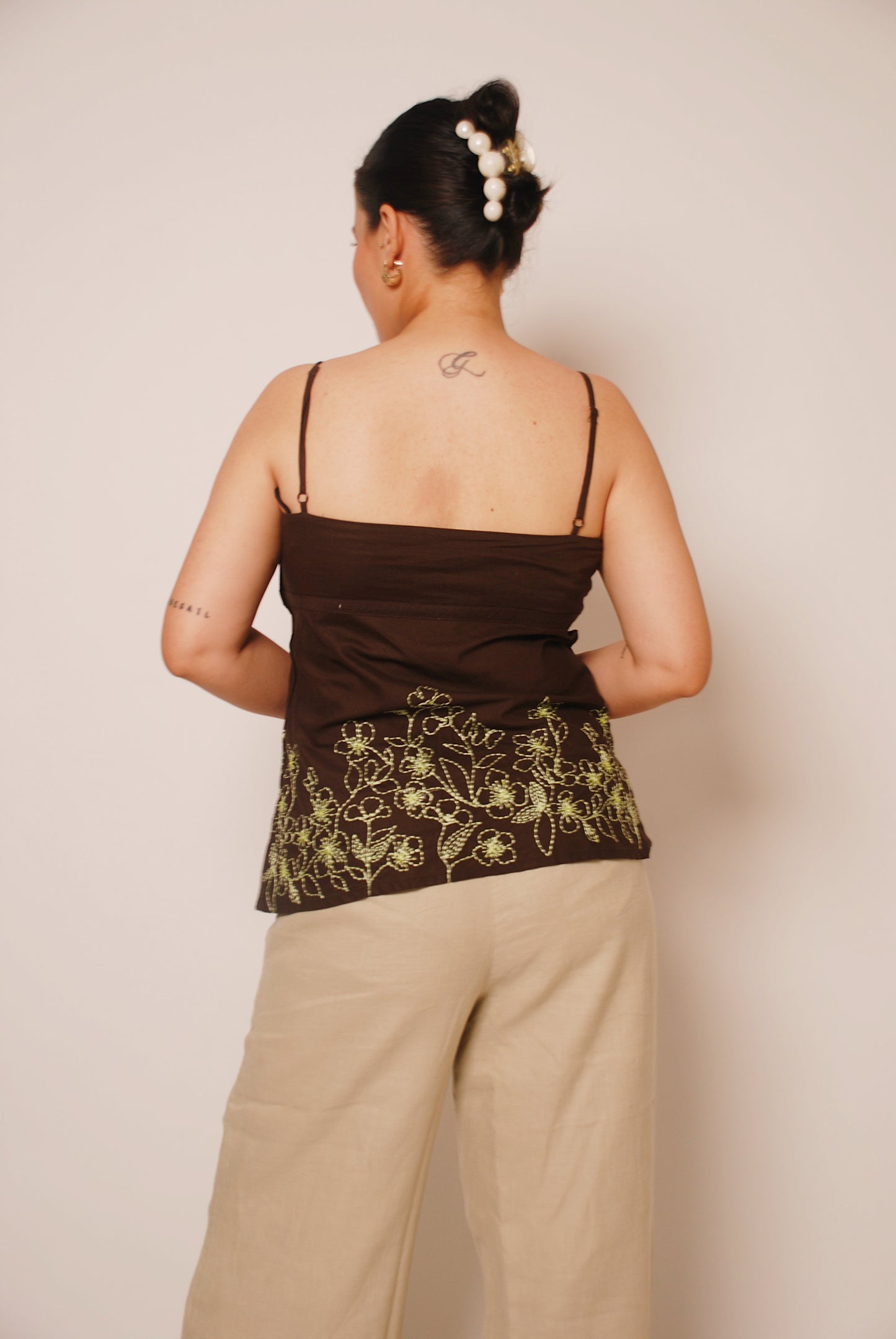 Brown spaghetti top with hand embroidered florals