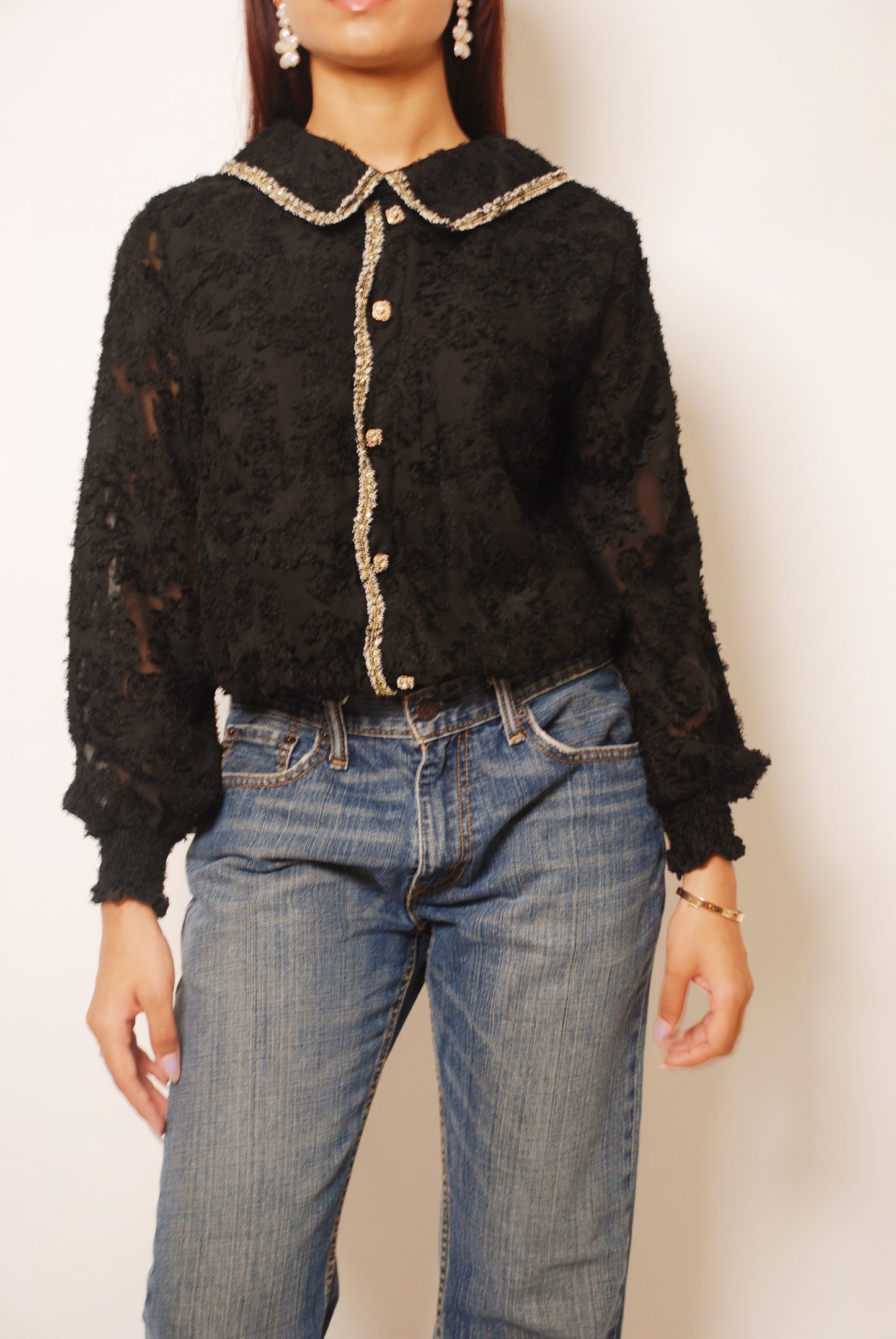 Vintage black textured jumper with pearl ornamental buttons