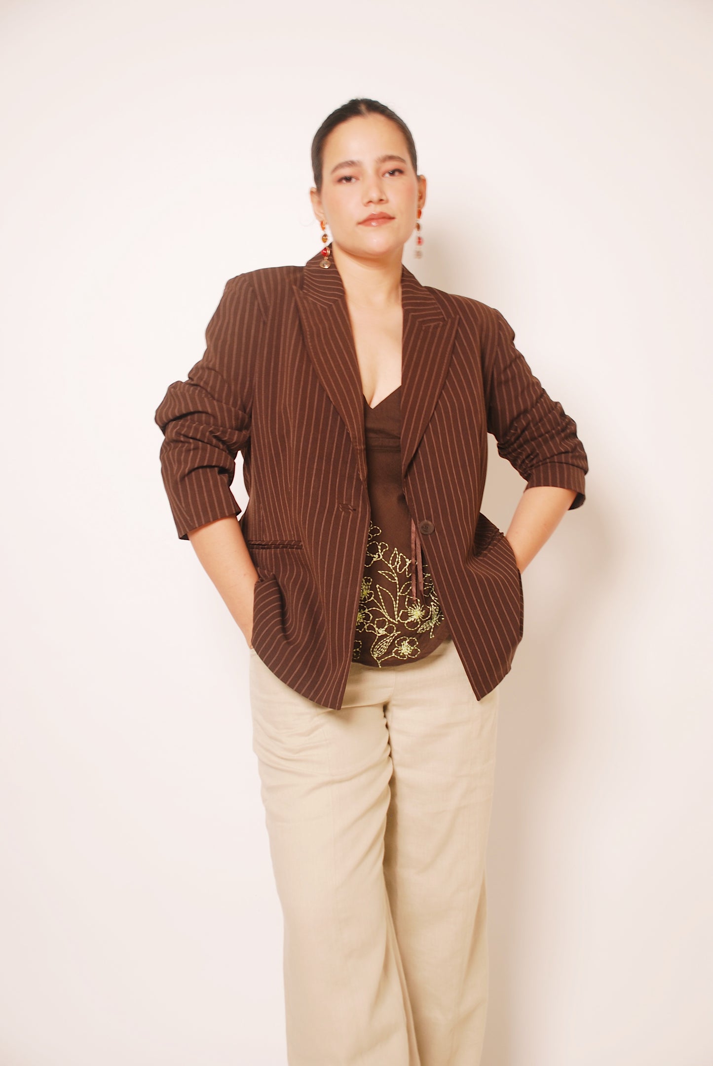 Brown striped one button blazer