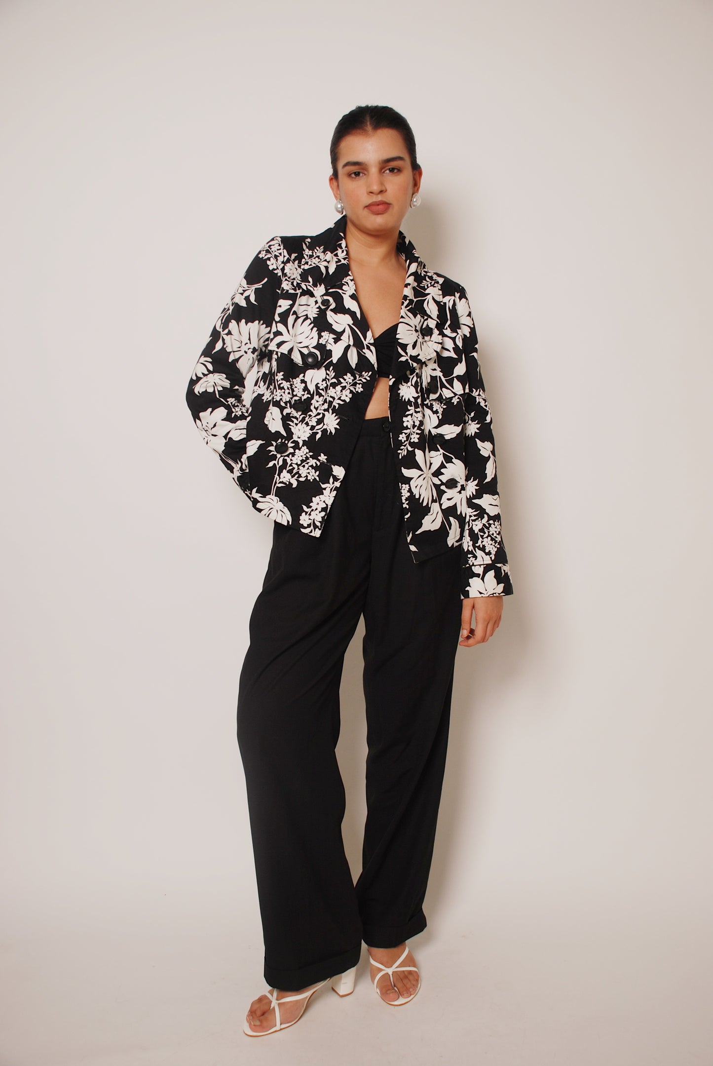 Black & white floral double breasted jacket