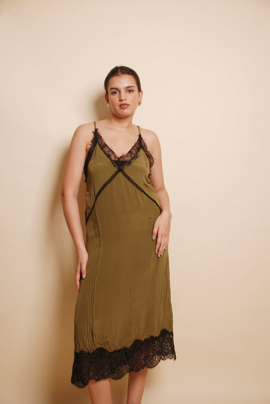 Olive lace midi dress