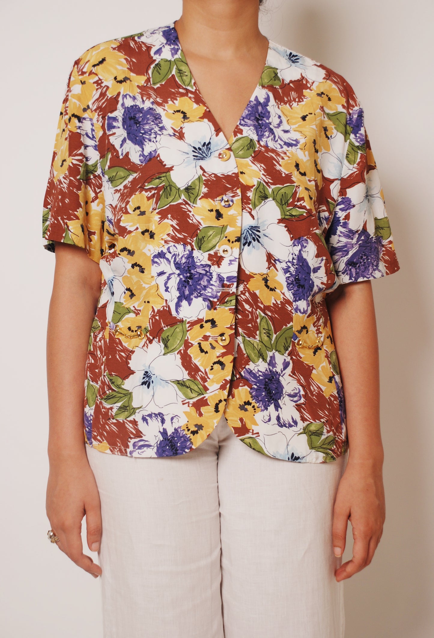 Multicolour floral blouse with gold ornamentation