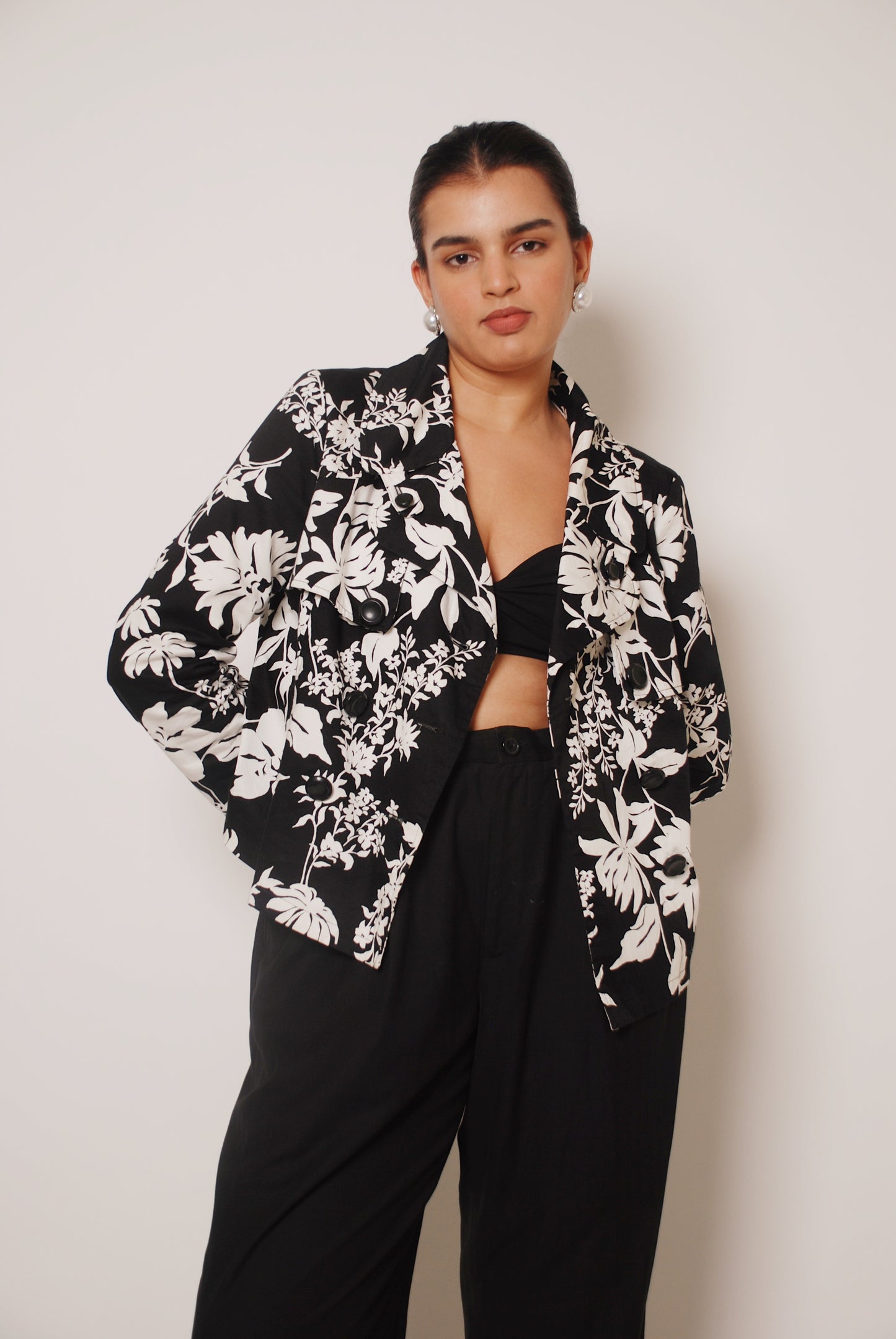 Black & white floral double breasted jacket