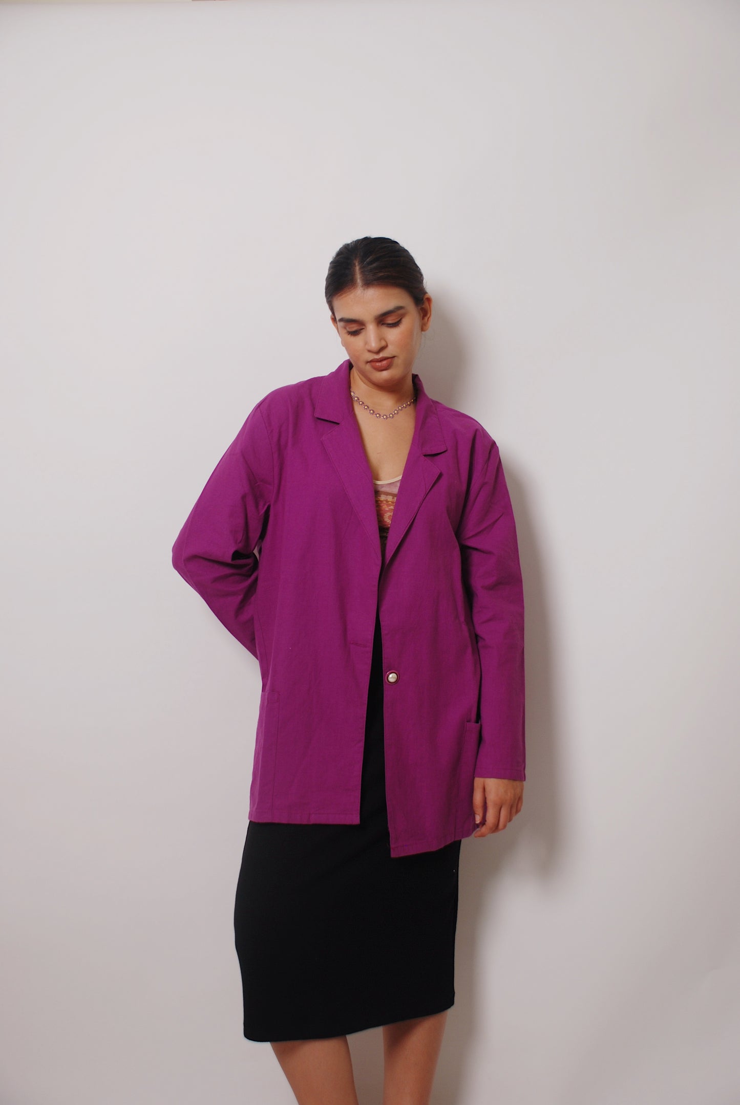 Purple long blazer with ornamental buttons