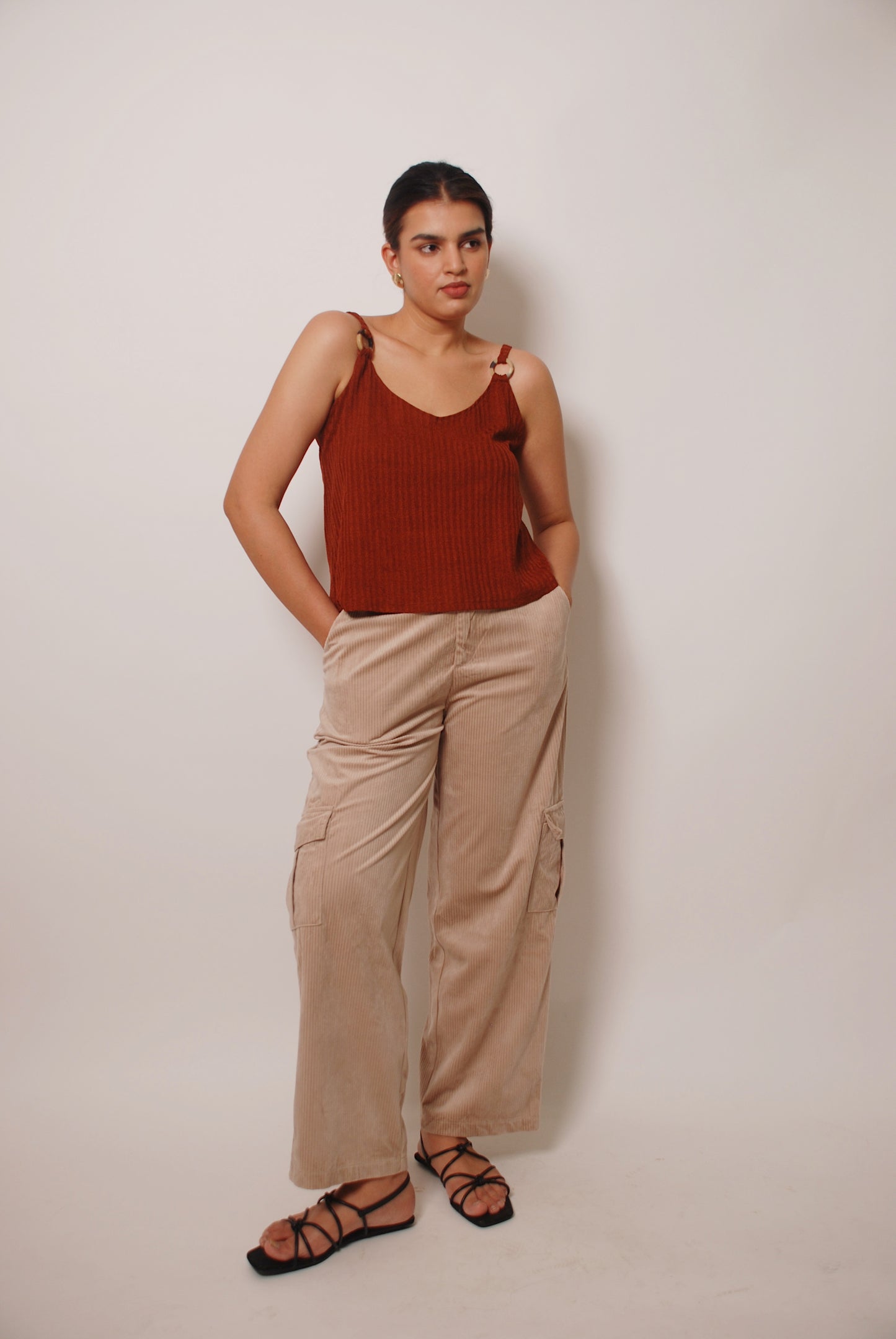 Brown spaghetti strap knit top