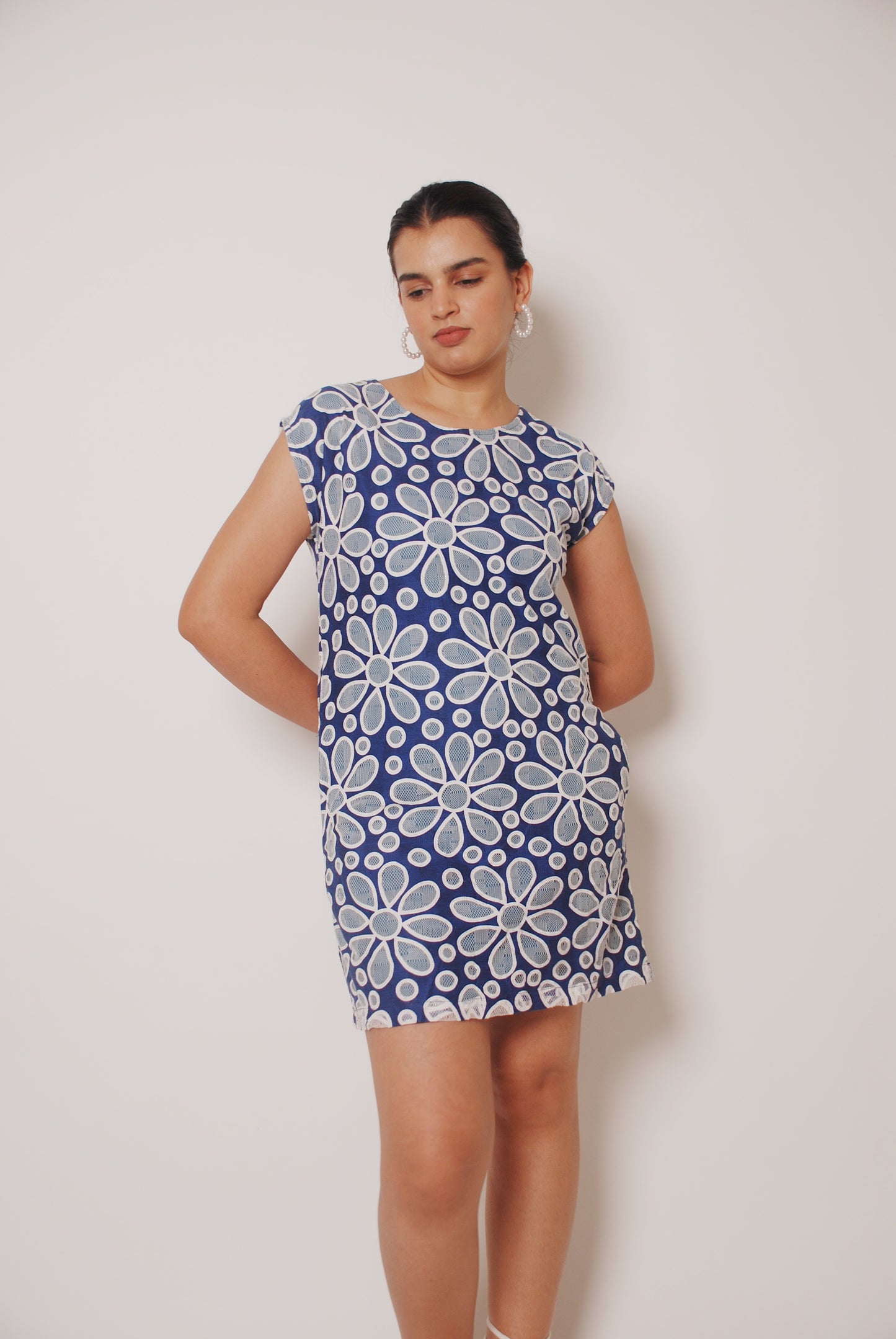 White & blue floral shift dress