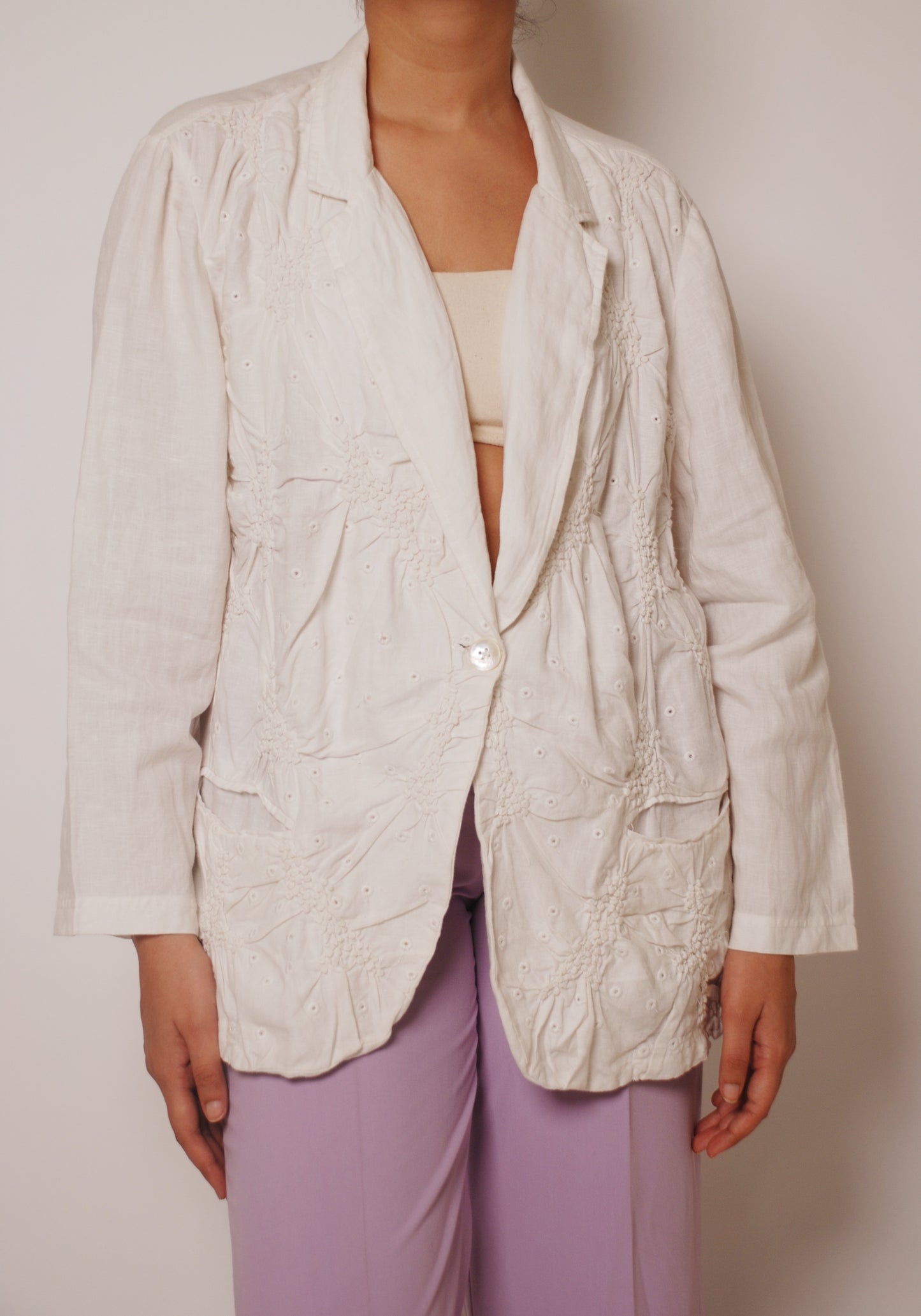 White embroidered self work blazer