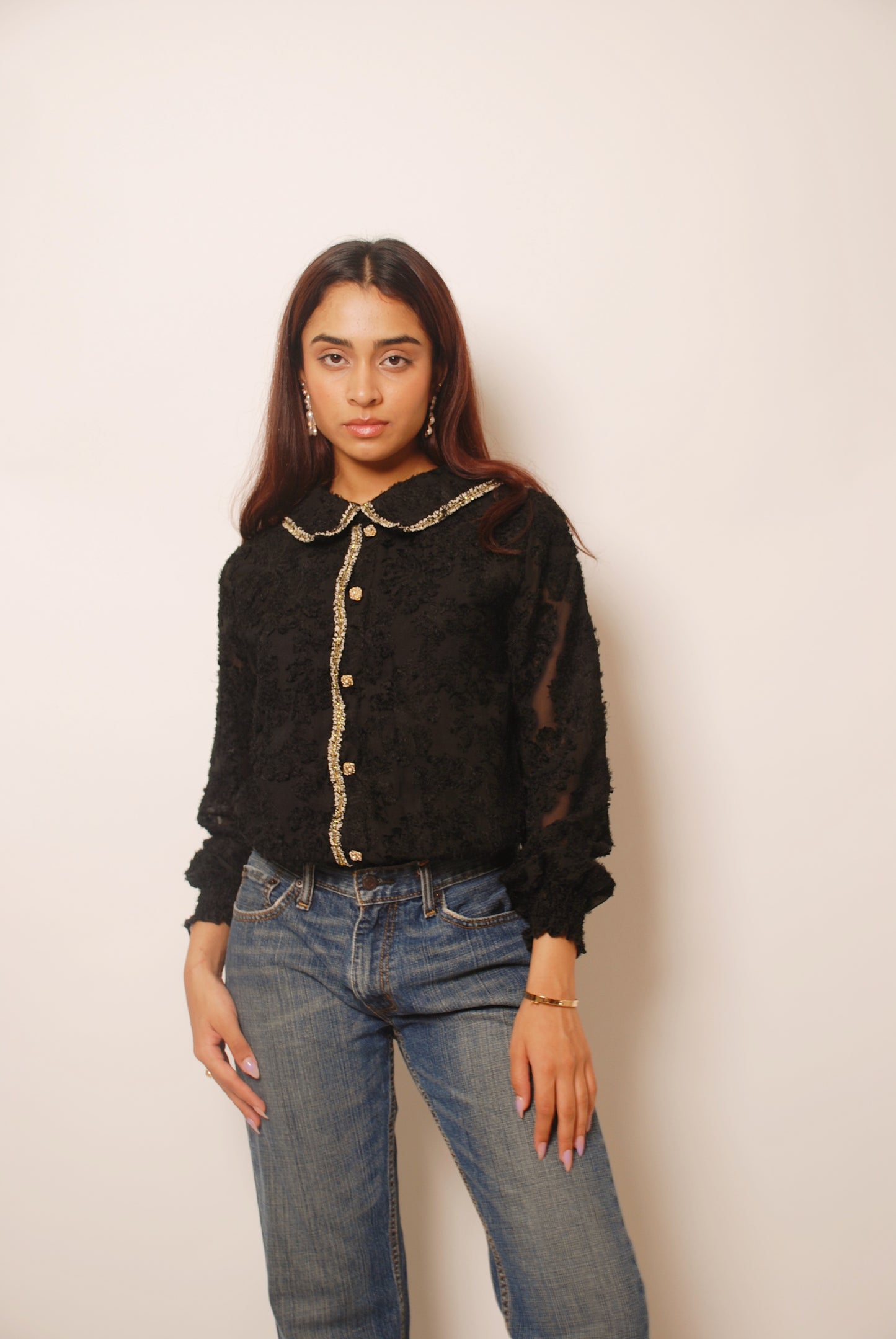 Vintage black textured jumper with pearl ornamental buttons