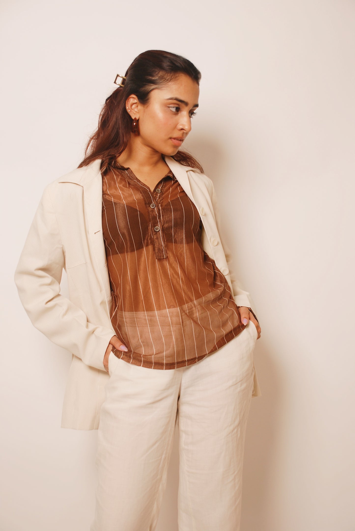 Cream striped full sleeve blazer