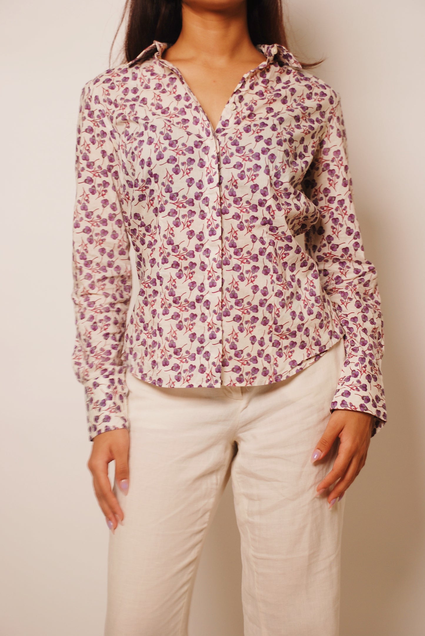 White floral cotton button-up shirt