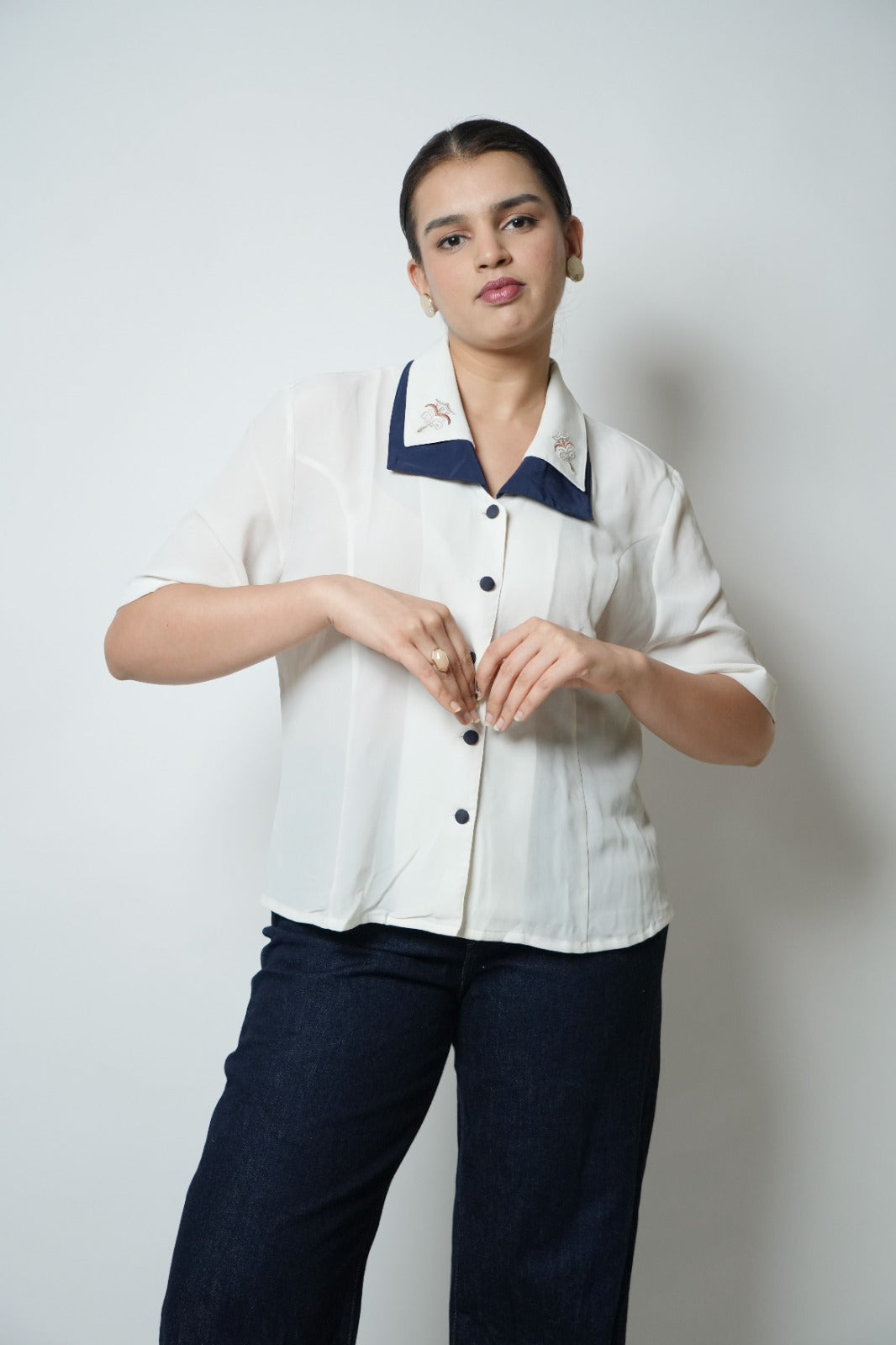 White & blue embroidered shirt