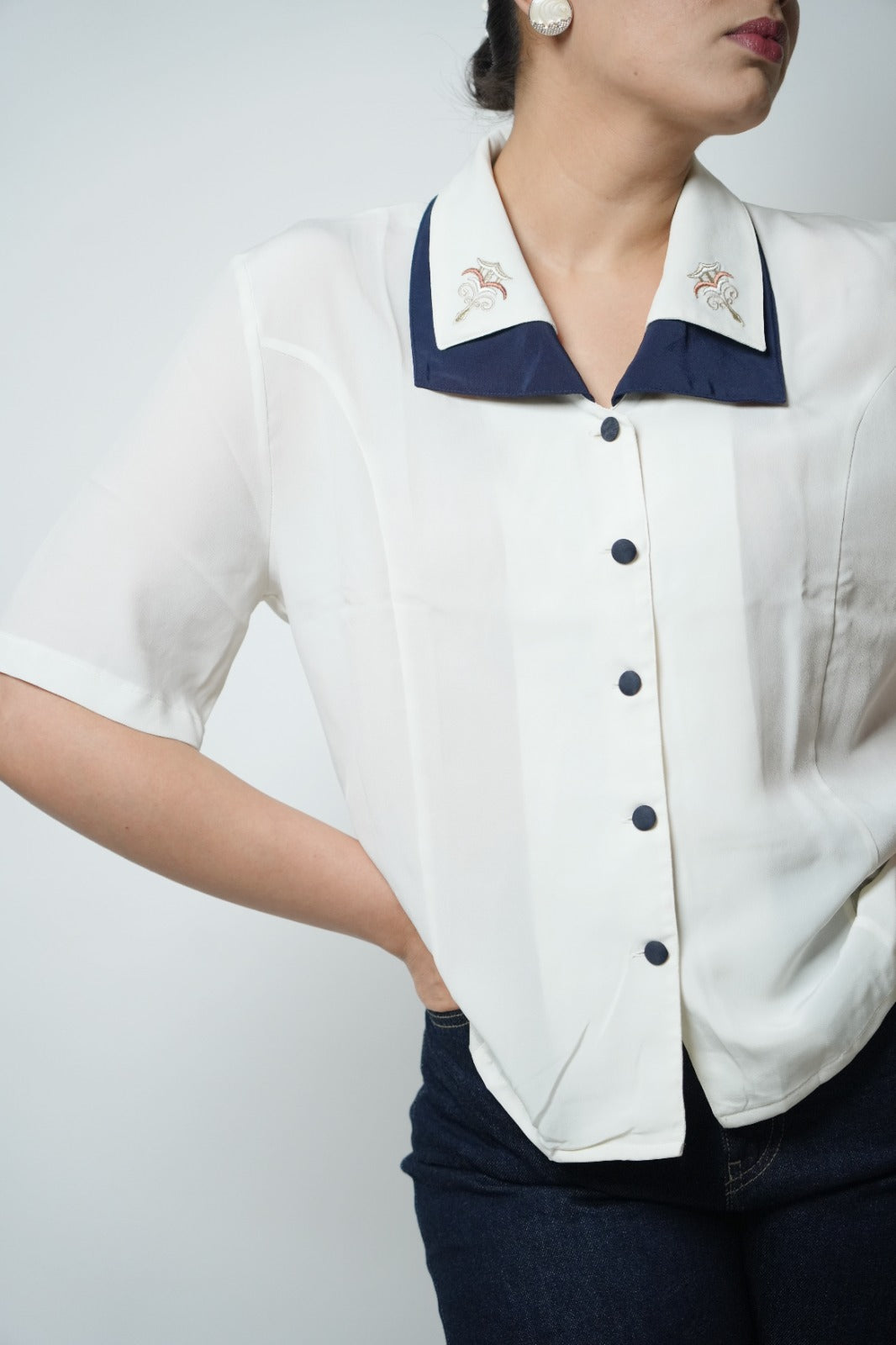 White & blue embroidered shirt