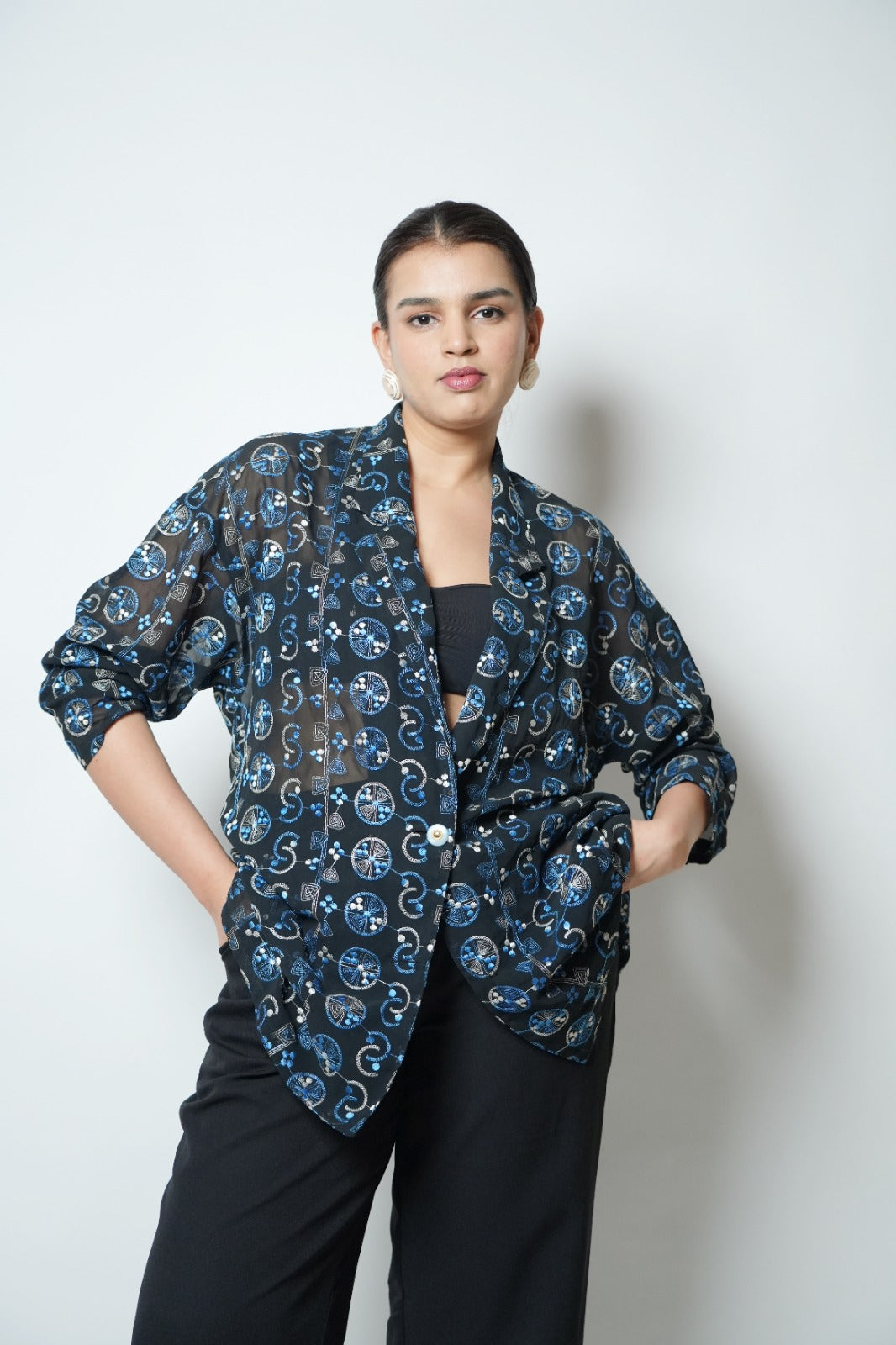 Black & blue sheer embroidered blazer