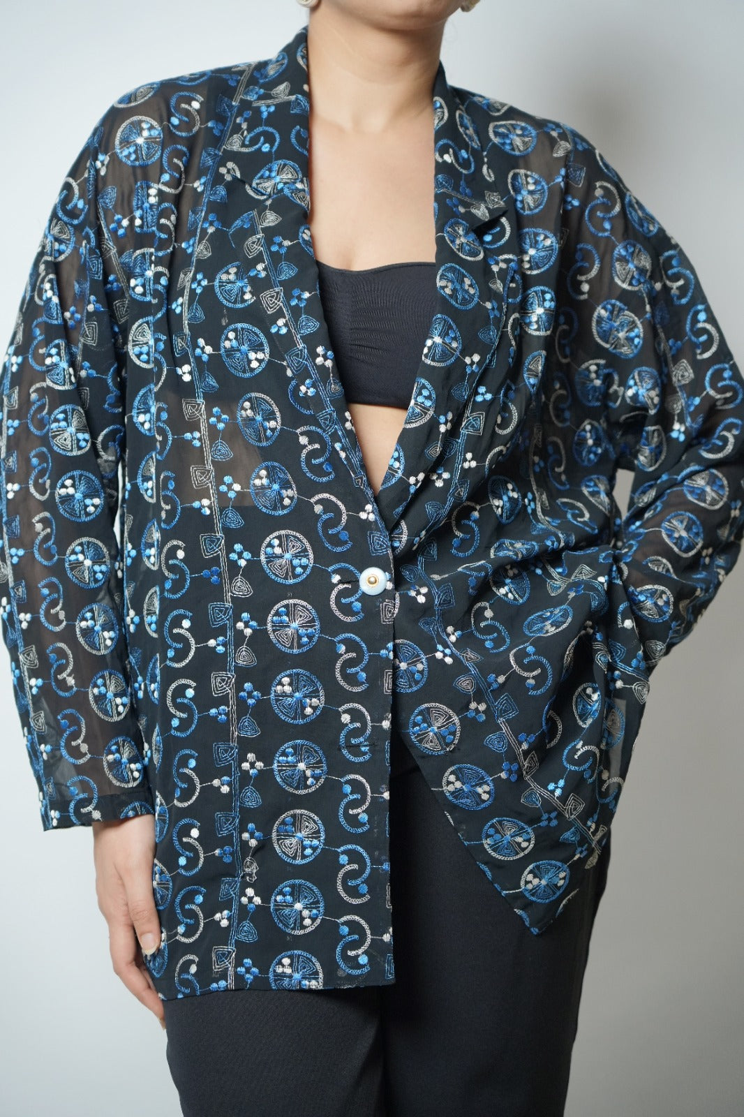 Black & blue sheer embroidered blazer