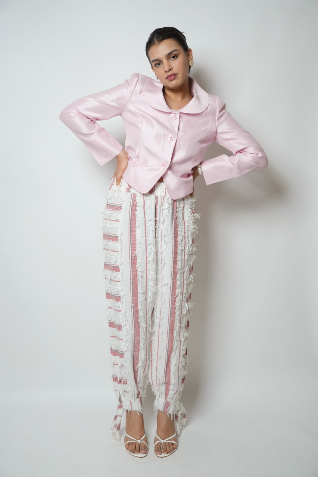 White & pink frayed balloon pants