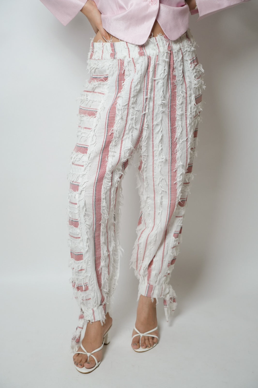 White & pink frayed balloon pants