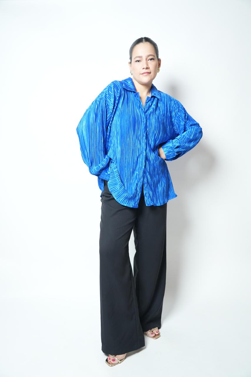 Vintage metallic blue plisse shirt