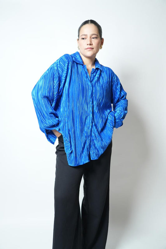 Vintage metallic blue plisse shirt