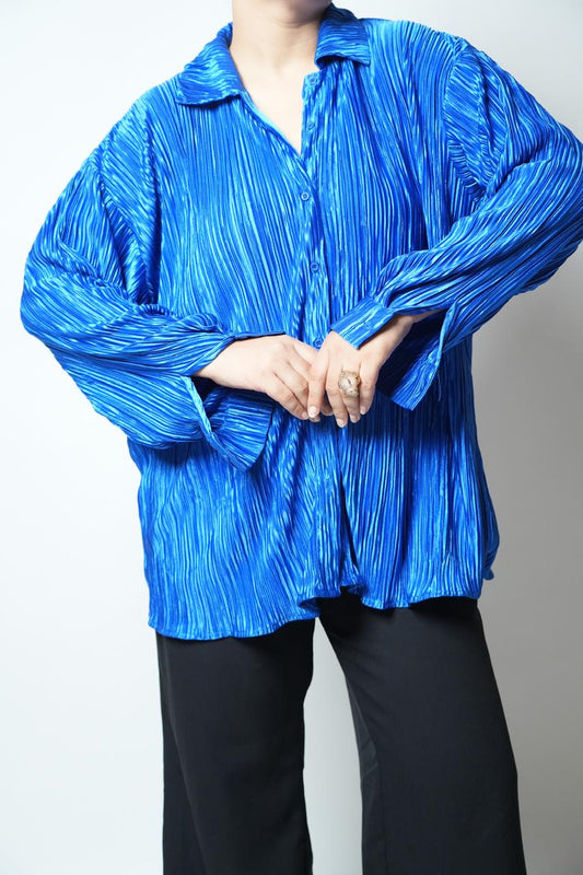 Vintage metallic blue plisse shirt