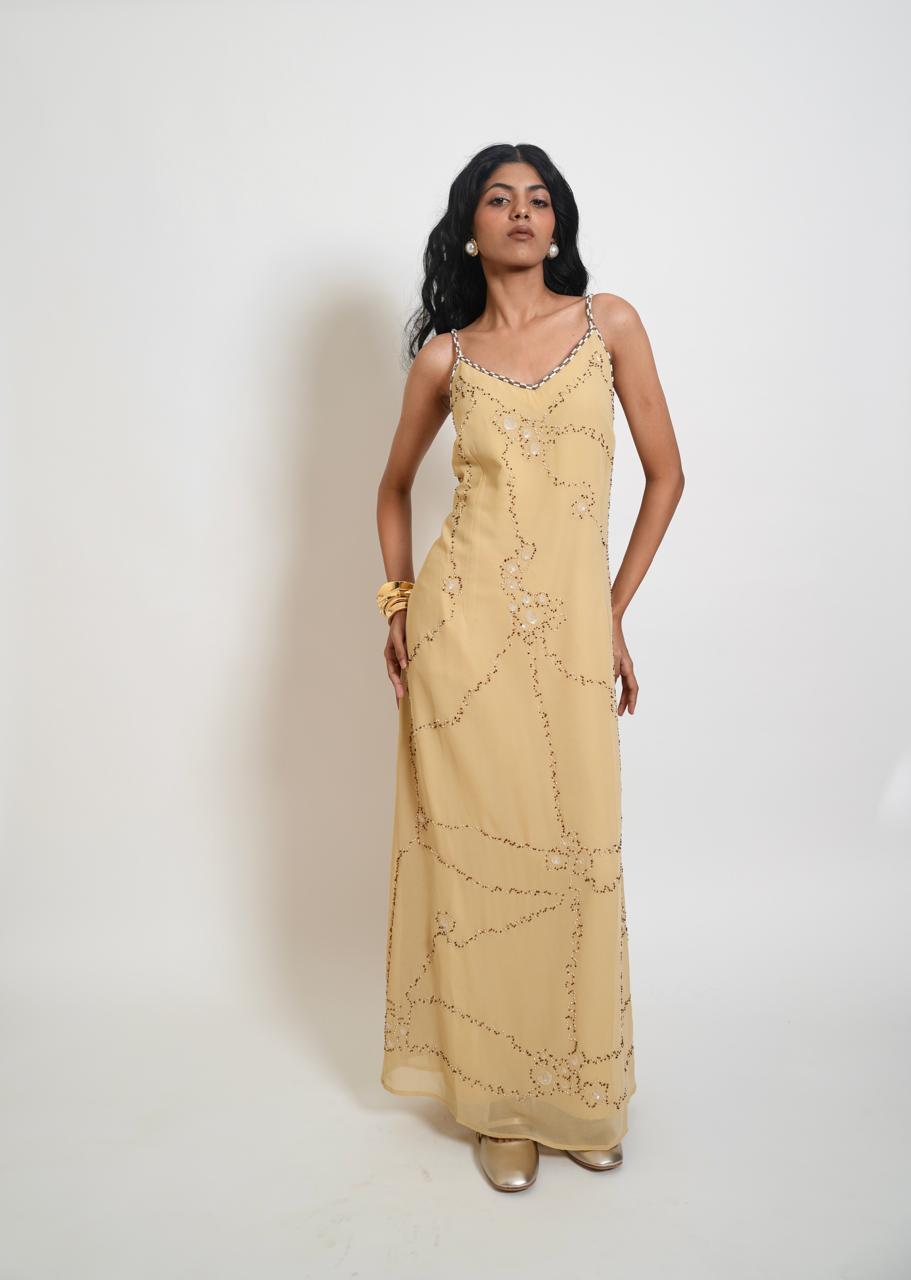 Vintage yellow embellished maxi dress